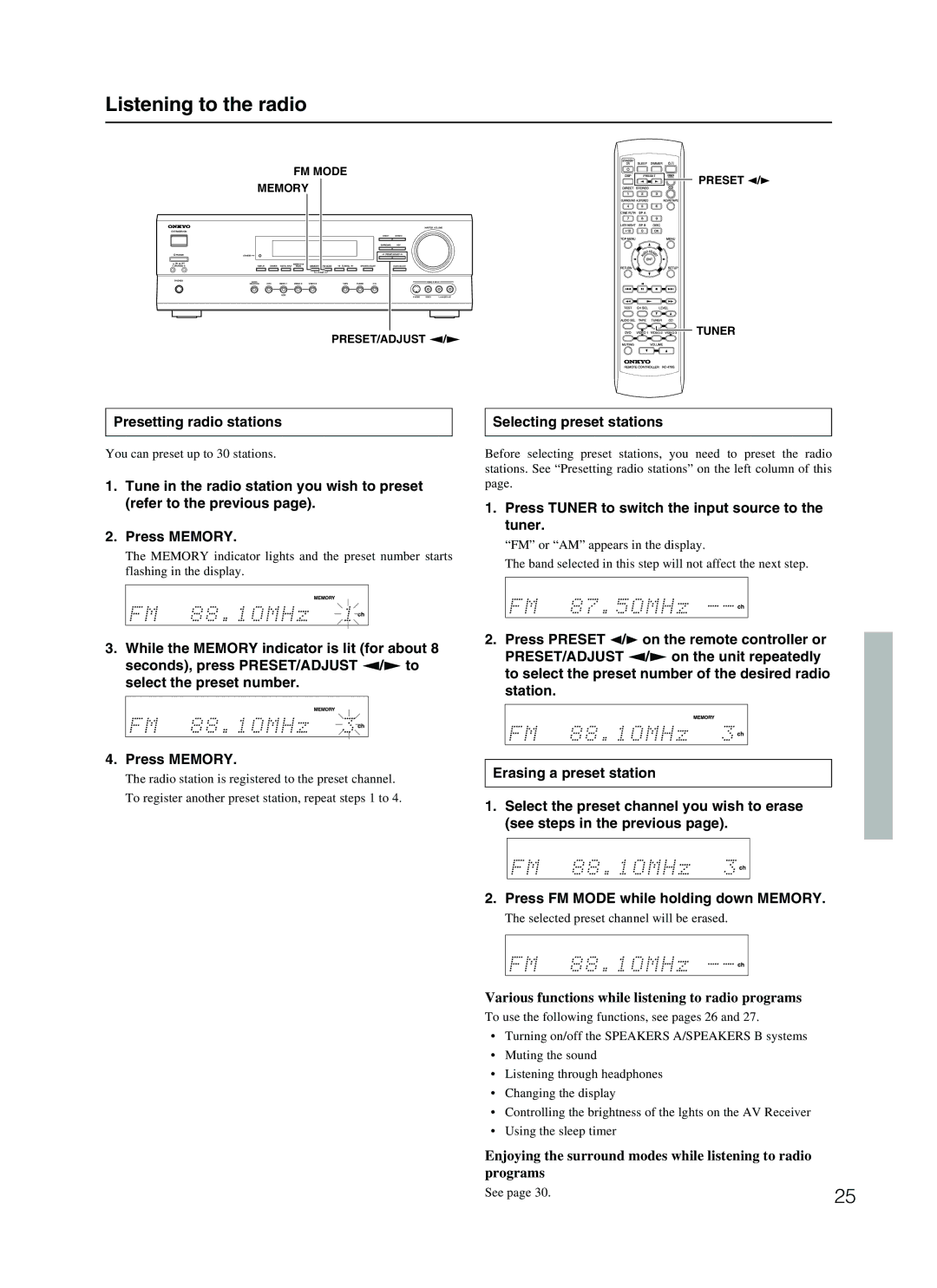 Onkyo TX-SR500 appendix Listening to the radio, Presetting radio stations, Selecting preset stations, Tuner 