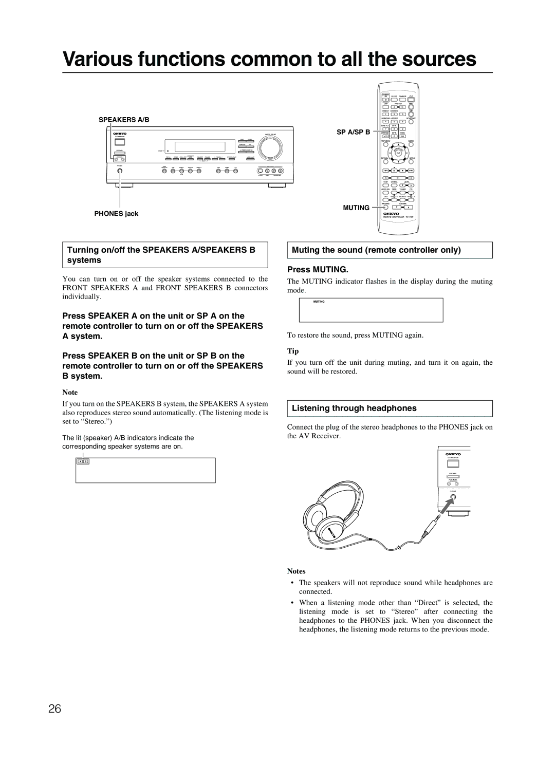 Onkyo TX-SR500 Various functions common to all the sources, Turning on/off the Speakers A/SPEAKERS B systems, Phones jack 