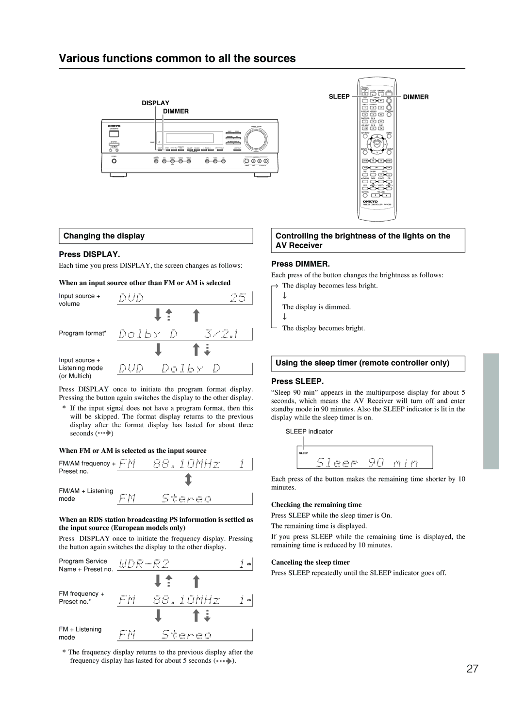 Onkyo TX-SR500 appendix Various functions common to all the sources, Changing the display Press Display 