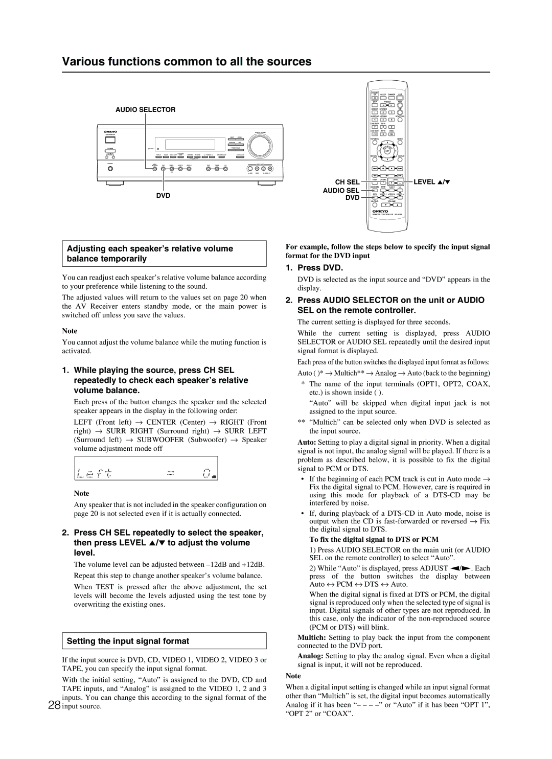 Onkyo TX-SR500 appendix Setting the input signal format, To fix the digital signal to DTS or PCM, Level 5/∞ 