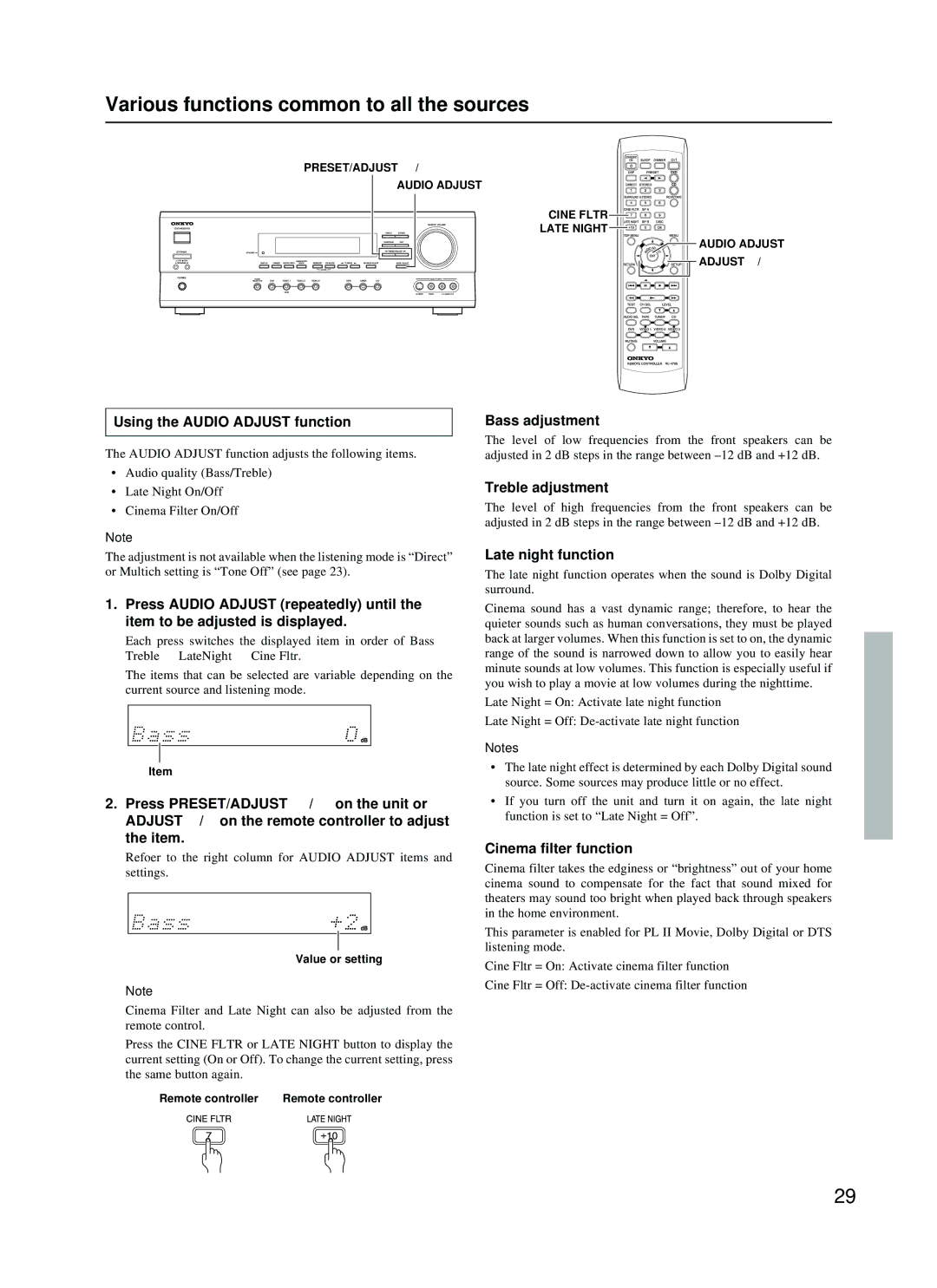 Onkyo TX-SR500 appendix Using the Audio Adjust function, Bass adjustment, Treble adjustment, Late night function 