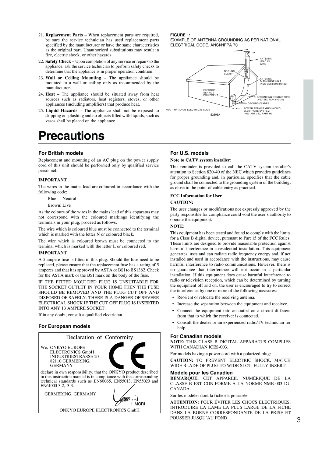 Onkyo TX-SR500 appendix Precautions 