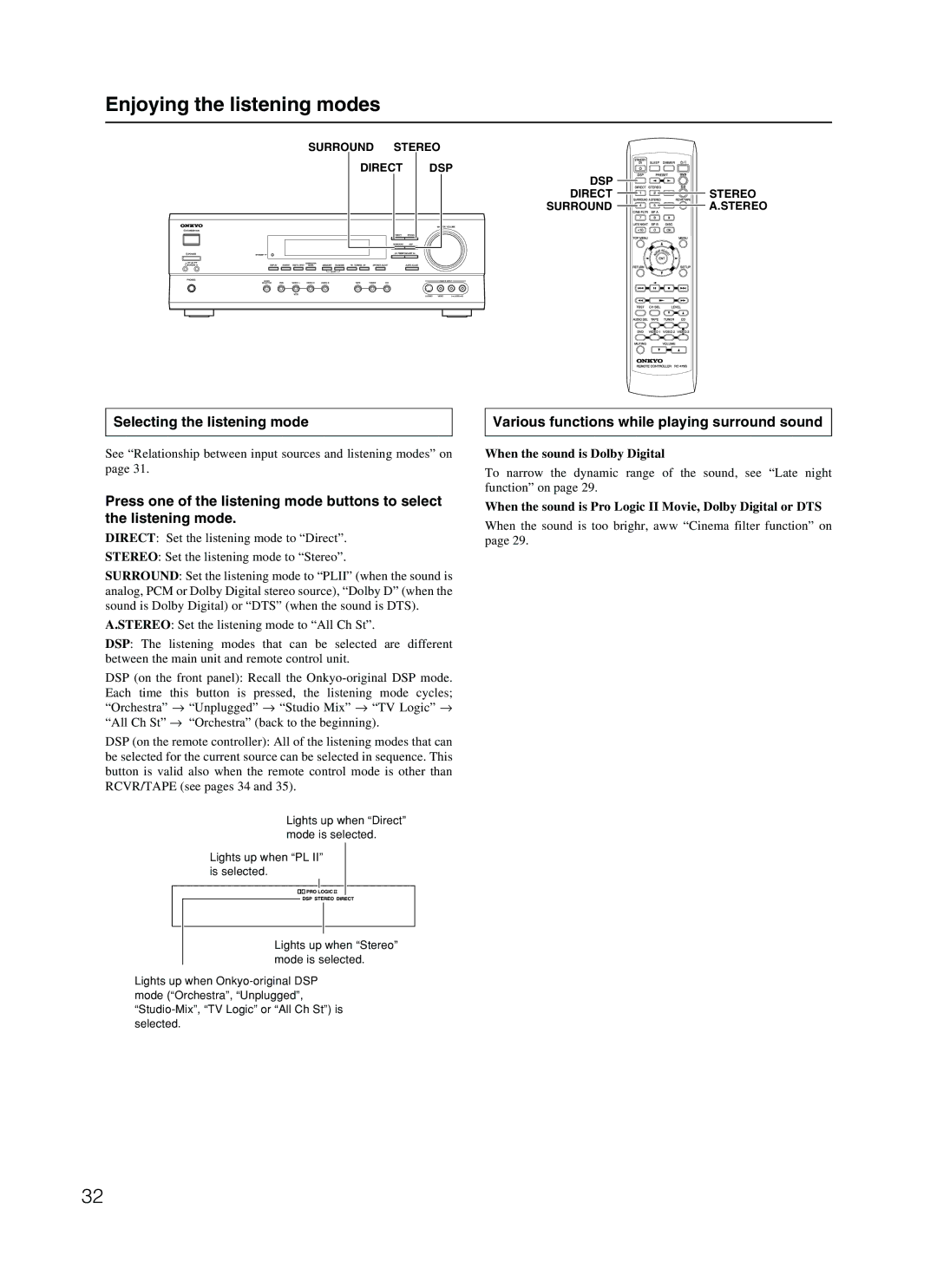 Onkyo TX-SR500 appendix Selecting the listening mode, Various functions while playing surround sound, Dsp 