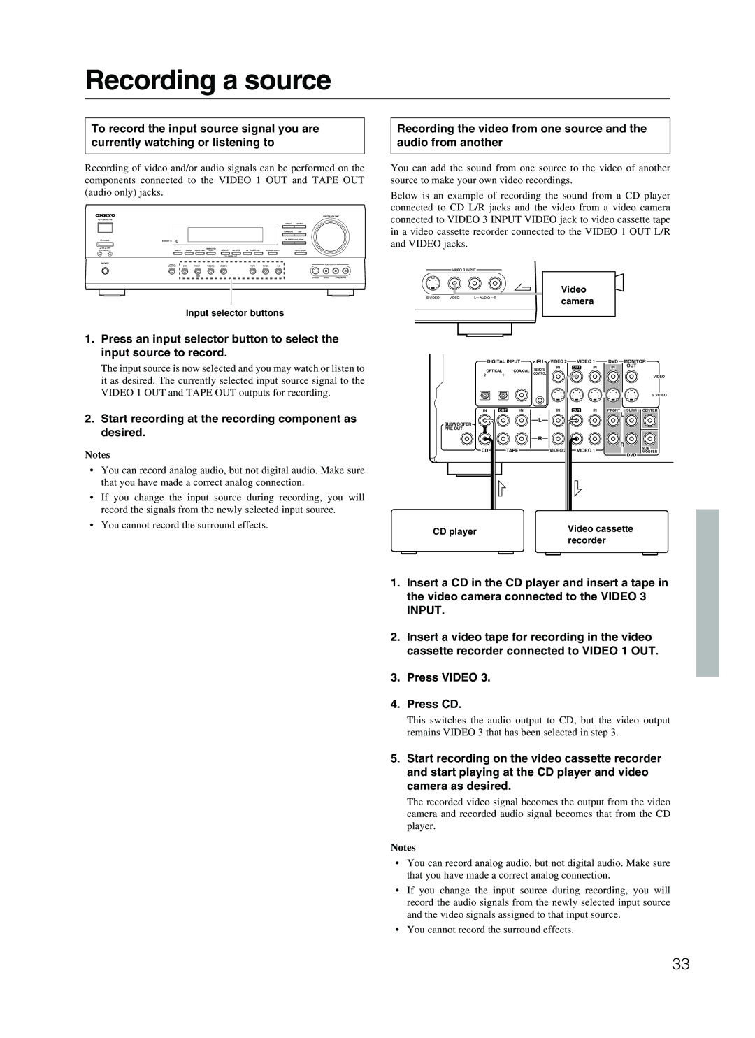 Onkyo TX-SR500 appendix Recording a source, Start recording at the recording component as desired, Video camera, CD player 