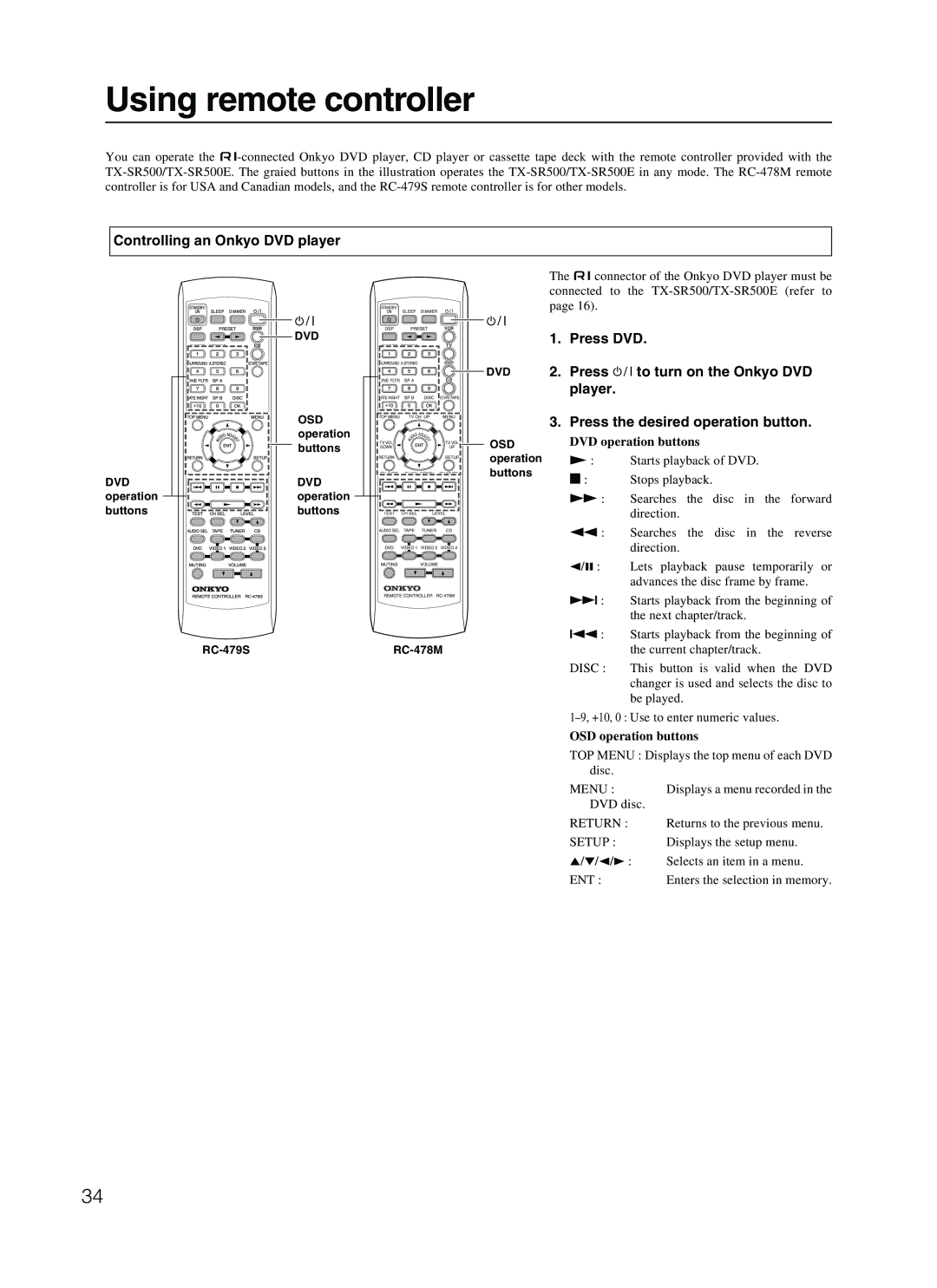 Onkyo TX-SR500 Using remote controller, Controlling an Onkyo DVD player, DVD operation buttons, OSD operation buttons 