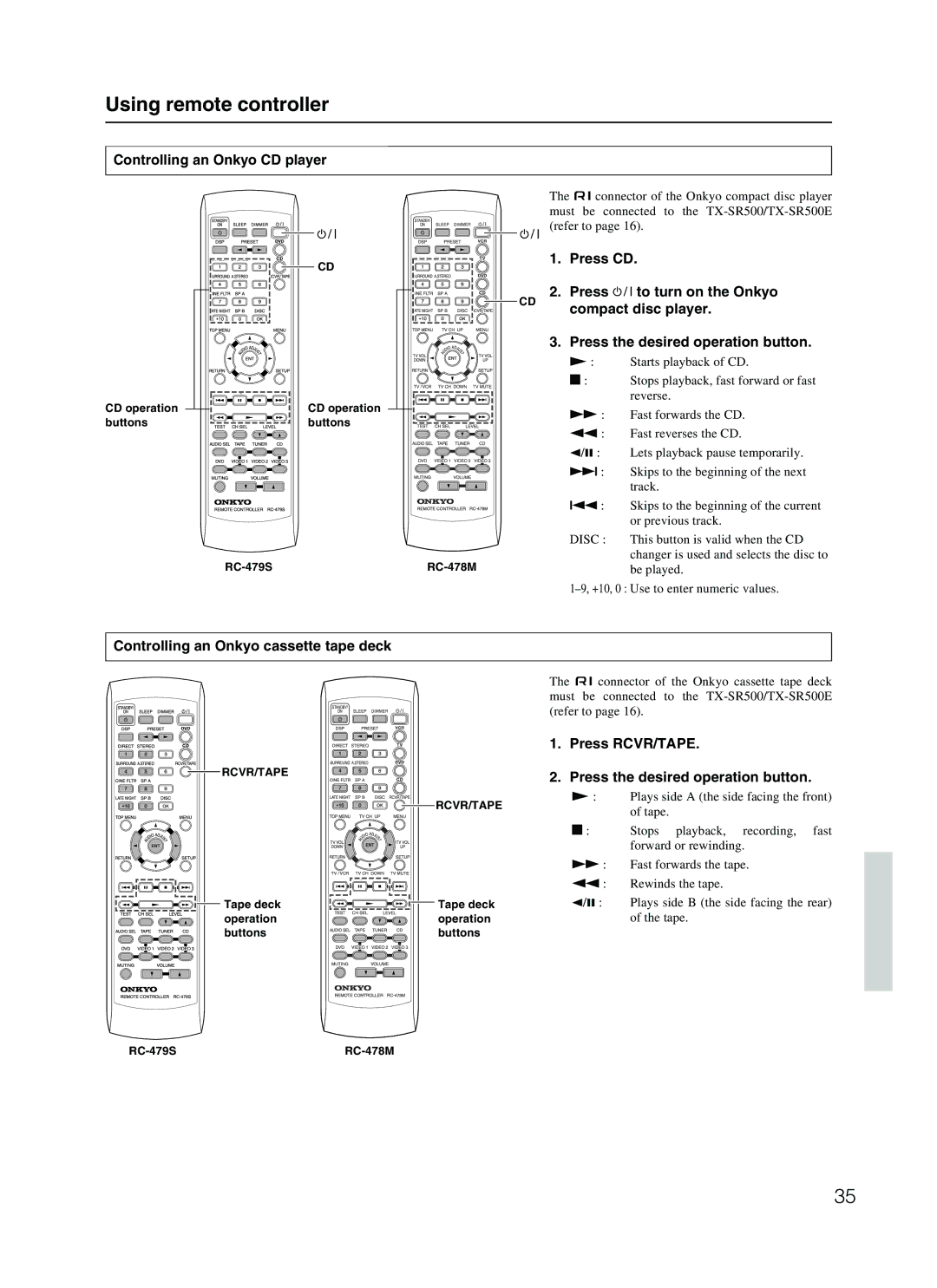 Onkyo TX-SR500 appendix Using remote controller, Controlling an Onkyo CD player, Controlling an Onkyo cassette tape deck 