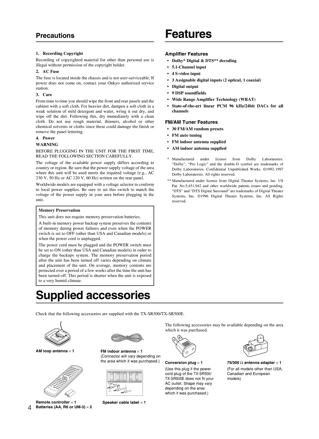 Onkyo TX-SR500 appendix Supplied accessories, Precautions, Amplifier Features, FM/AM Tuner Features 