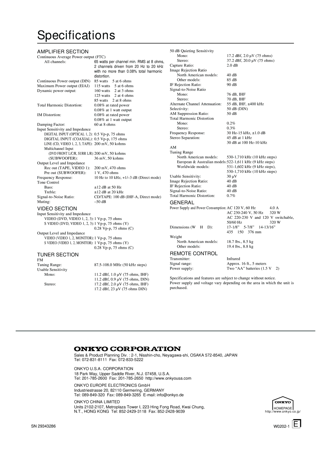 Onkyo TX-SR500 appendix Specifications, Onkyo Europe Electronics GmbH 