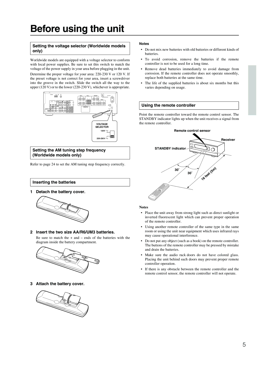 Onkyo TX-SR500 Before using the unit, Setting the voltage selector Worldwide models only, Using the remote controller 