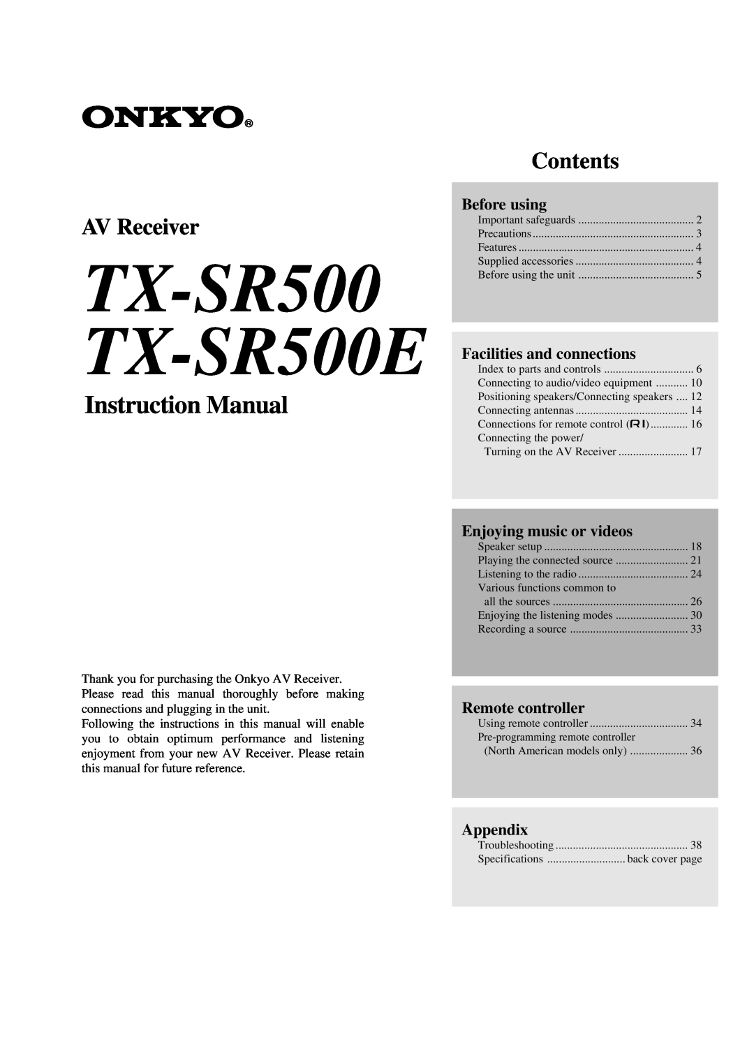 Onkyo appendix TX-SR500 TX-SR500E, AV Receiver, Contents, Before using, Facilities and connections, Remote controller 
