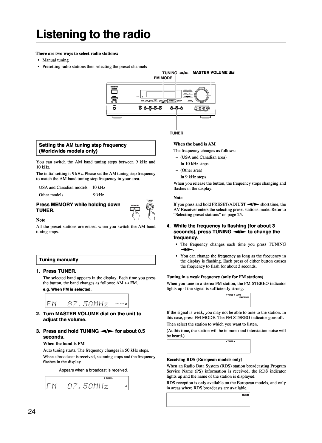 Onkyo TX-SR500 appendix Listening to the radio, There are two ways to select radio stations, When the band is AM 