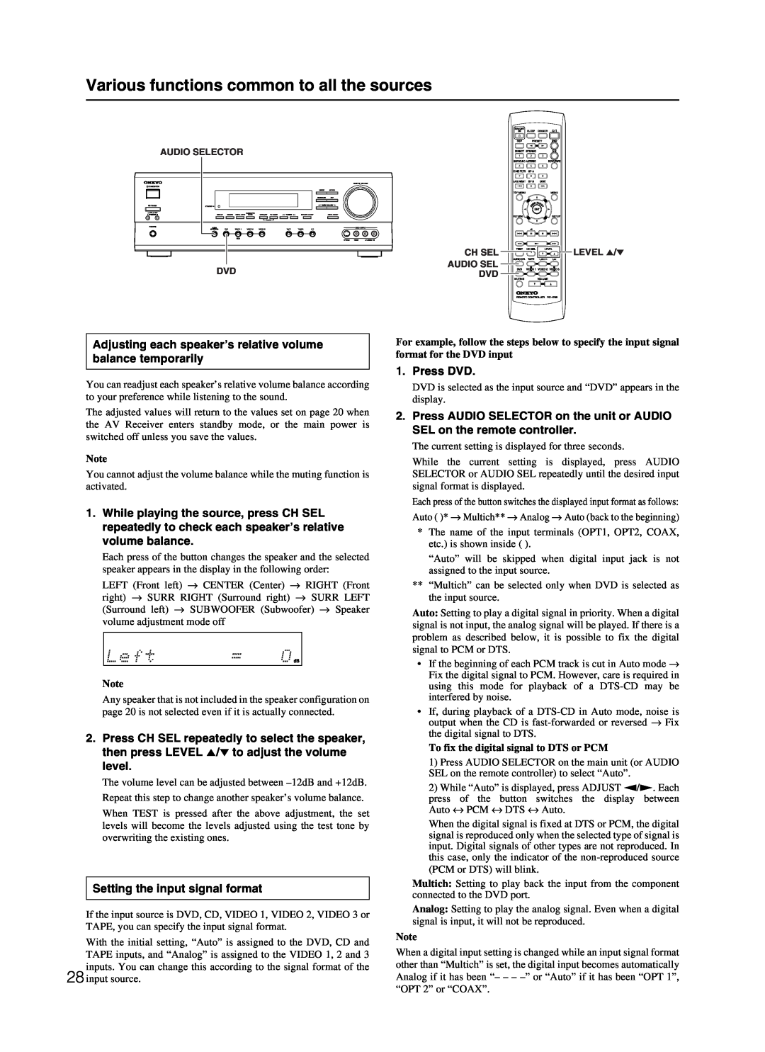 Onkyo TX-SR500 appendix Various functions common to all the sources, Setting the input signal format 