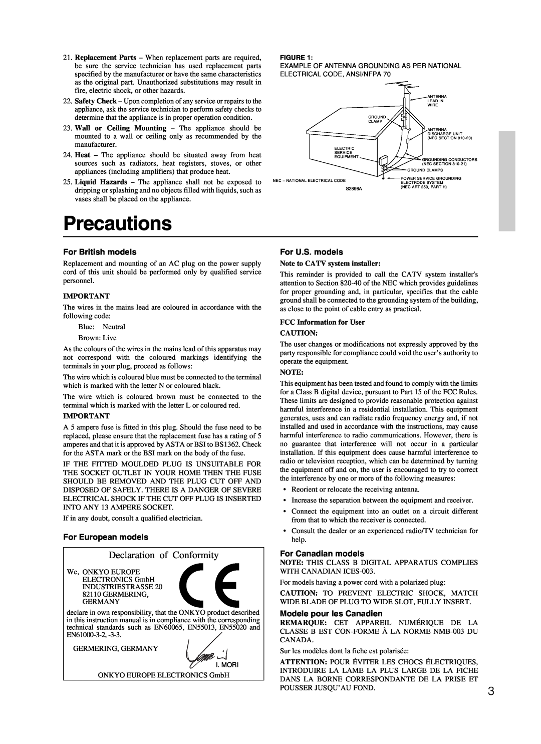 Onkyo TX-SR500 appendix Precautions, Declaration of Conformity, Note to CATV system installer, FCC Information for User 