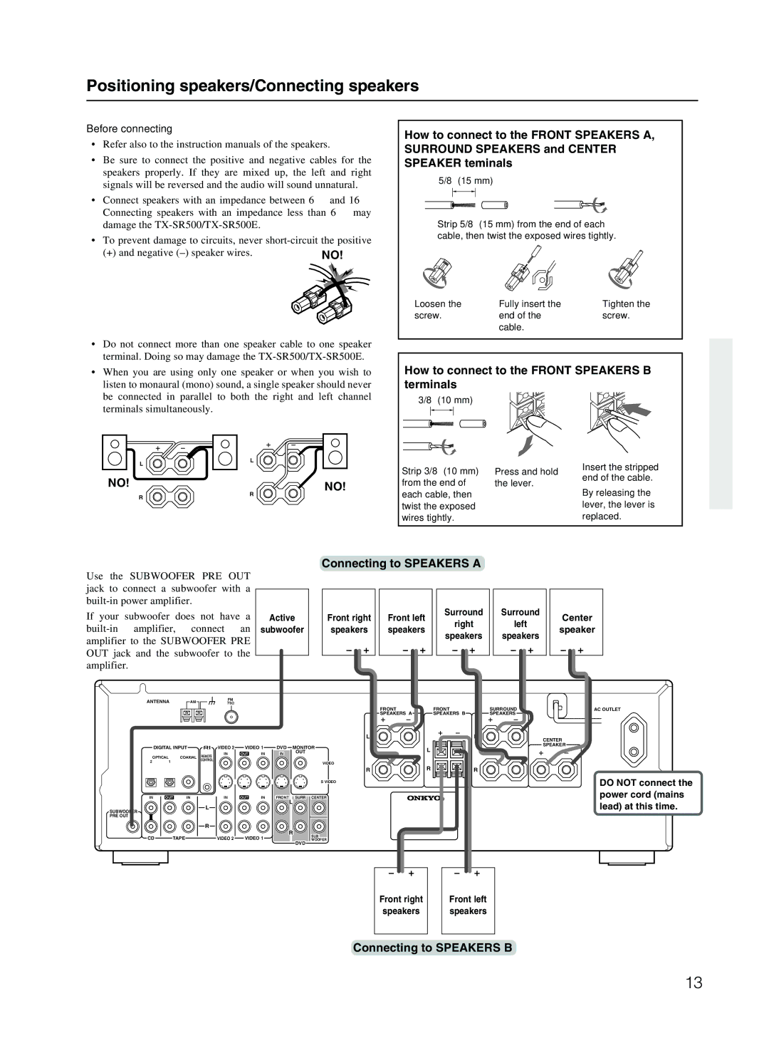 Onkyo TX-SR500E appendix Positioning speakers/Connecting speakers, How to connect to the Front Speakers B terminals 