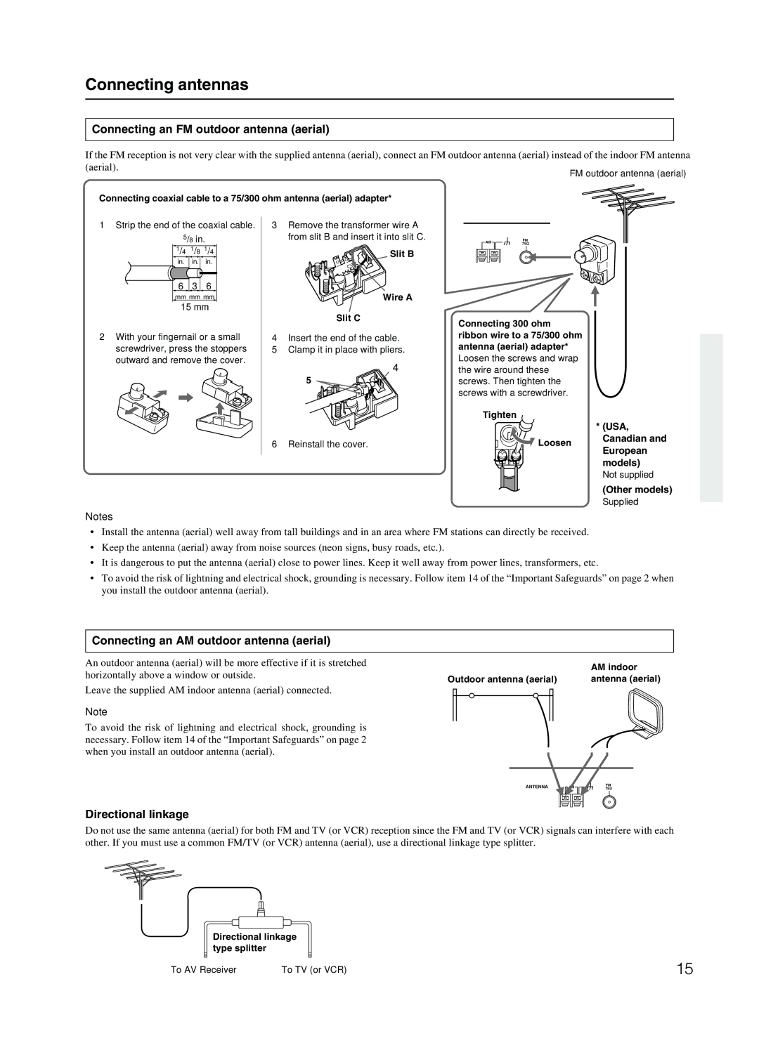 Onkyo TX-SR500E Connecting antennas, Connecting an FM outdoor antenna aerial, Connecting an AM outdoor antenna aerial 