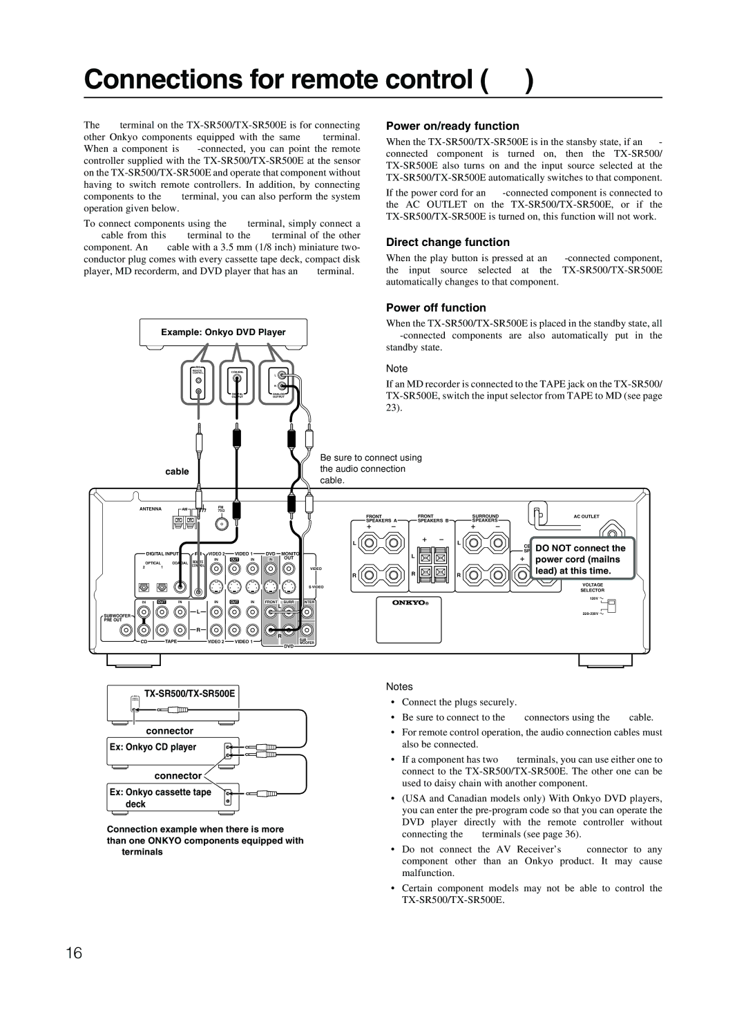 Onkyo TX-SR500E Connections for remote control z, Power on/ready function, Direct change function, Power off function 