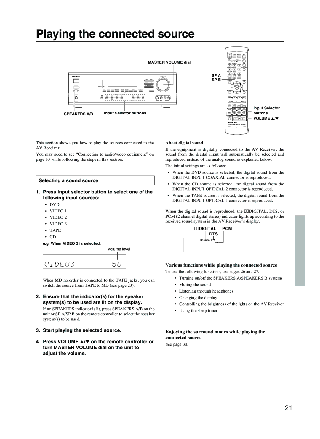 Onkyo TX-SR500E appendix Playing the connected source, About digital sound 