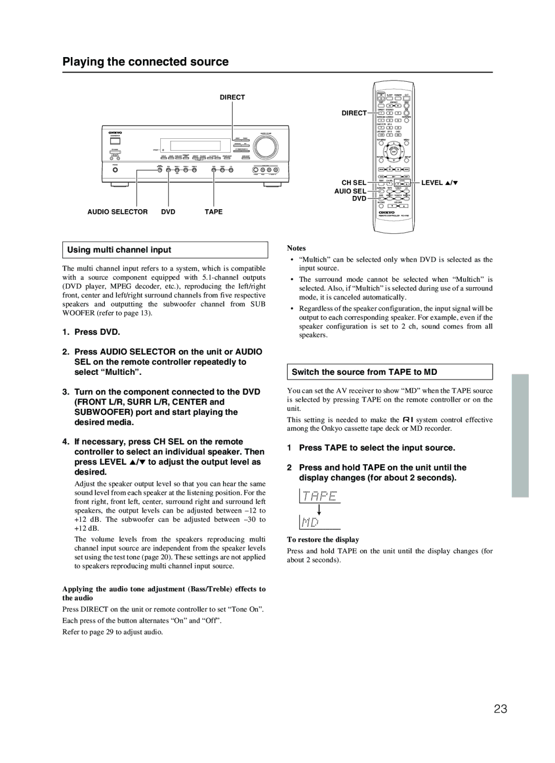 Onkyo TX-SR500E appendix Using multi channel input, Switch the source from Tape to MD, To restore the display, Dvd 