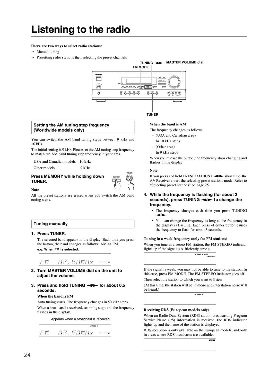 Onkyo TX-SR500E appendix Listening to the radio, Press Memory while holding down, Tuning manually, Press Tuner 