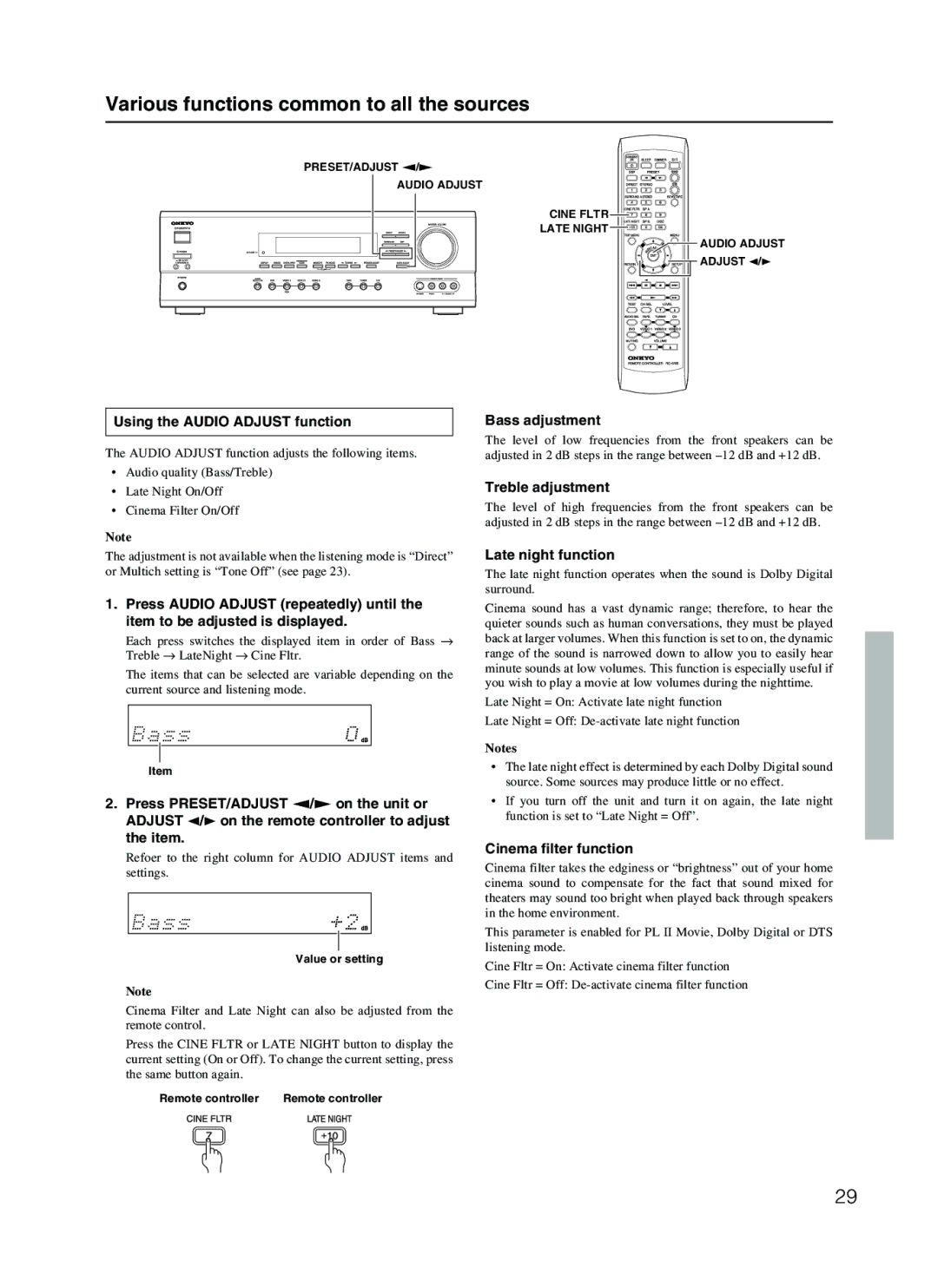 Onkyo TX-SR500E appendix Using the Audio Adjust function, Bass adjustment, Treble adjustment, Late night function 