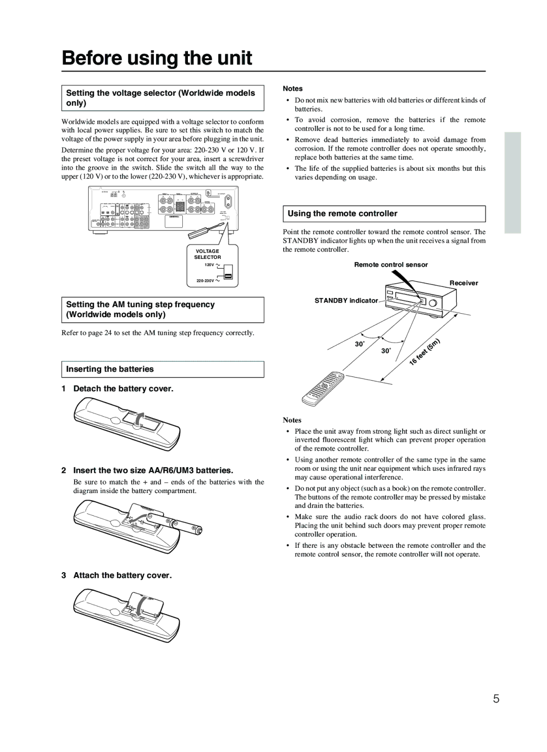 Onkyo TX-SR500E Before using the unit, Setting the voltage selector Worldwide models only, Using the remote controller 