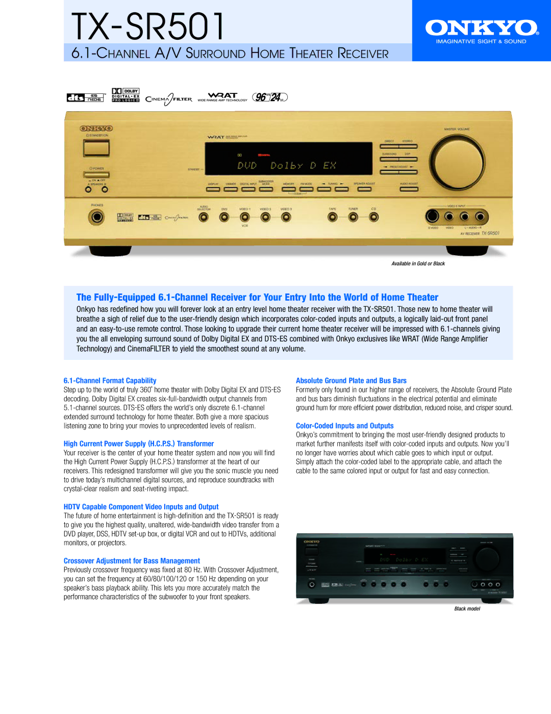 Onkyo TX-SR501 manual Channel Format Capability, High Current Power Supply H.C.P.S. Transformer 