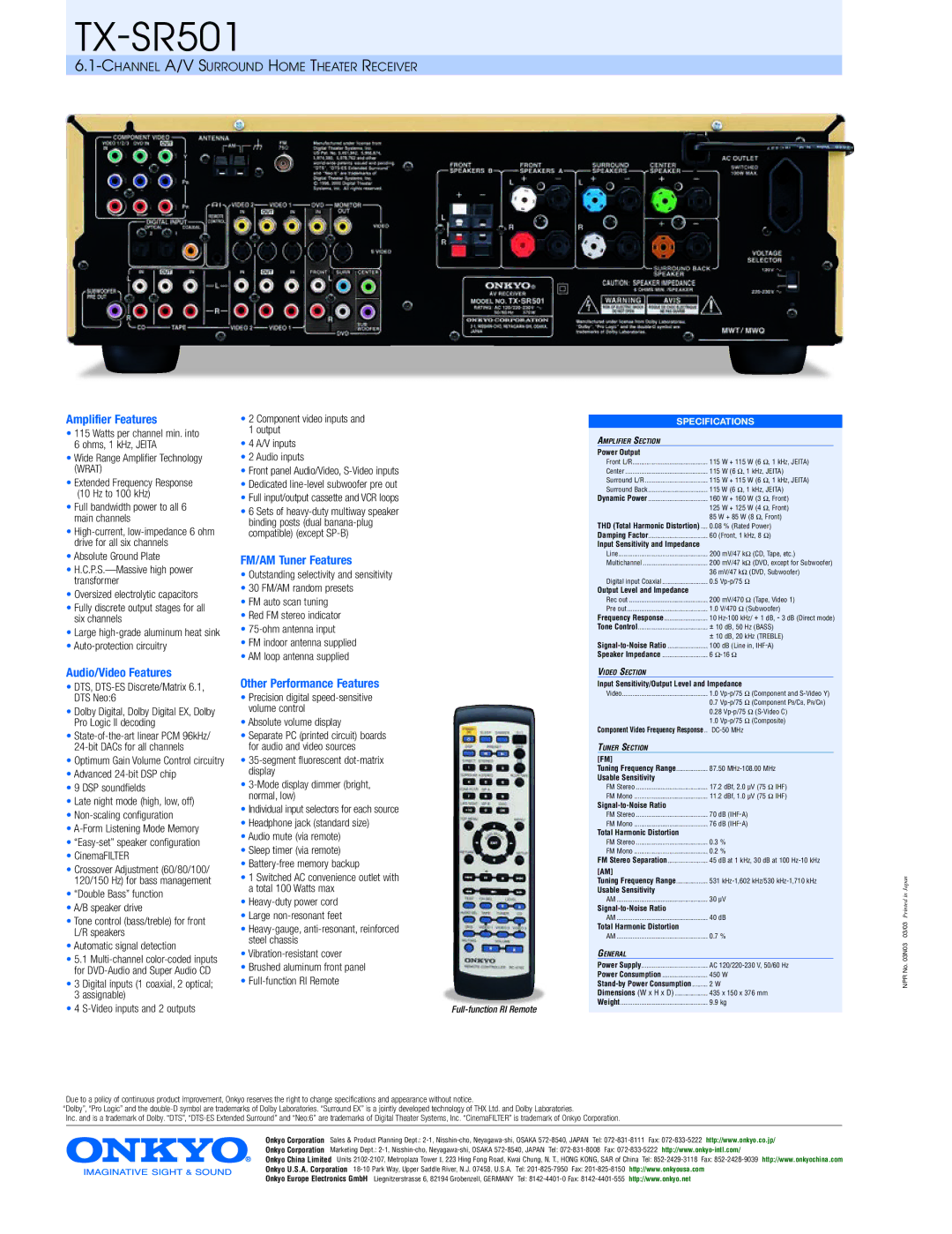 Onkyo TX-SR501 manual Amplifier Features, Audio/Video Features, FM/AM Tuner Features, Other Performance Features 