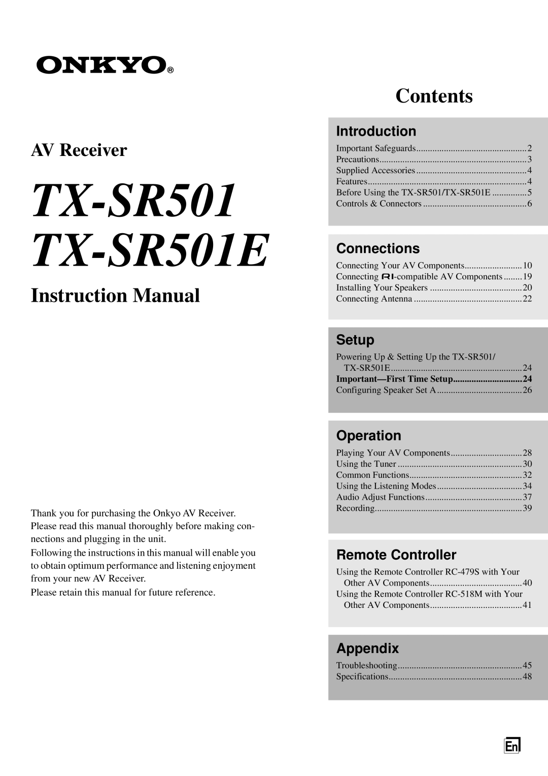 Onkyo instruction manual TX-SR501 TX-SR501E 