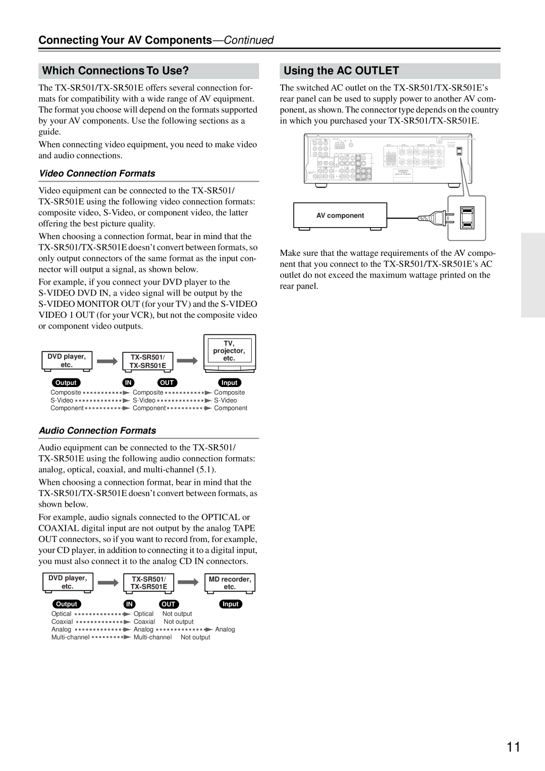 Onkyo TX-SR501E instruction manual Video Connection Formats, Audio Connection Formats 