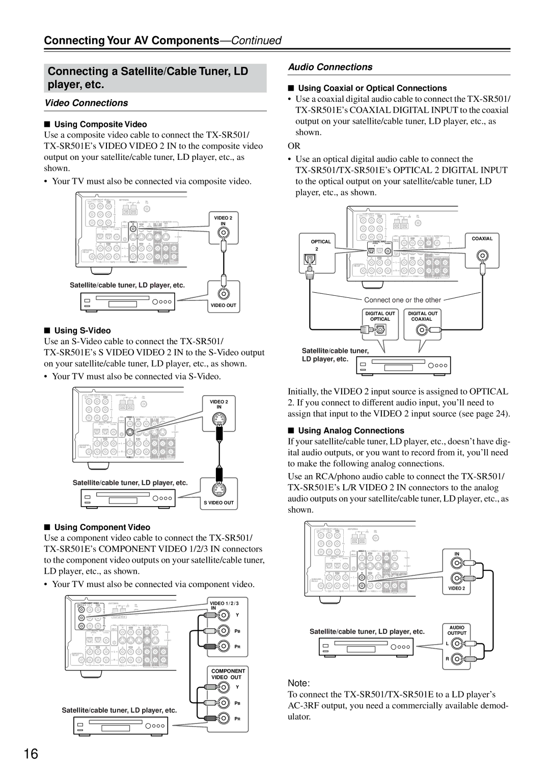 Onkyo TX-SR501E instruction manual Using Coaxial or Optical Connections, Using Component Video, Using Analog Connections 