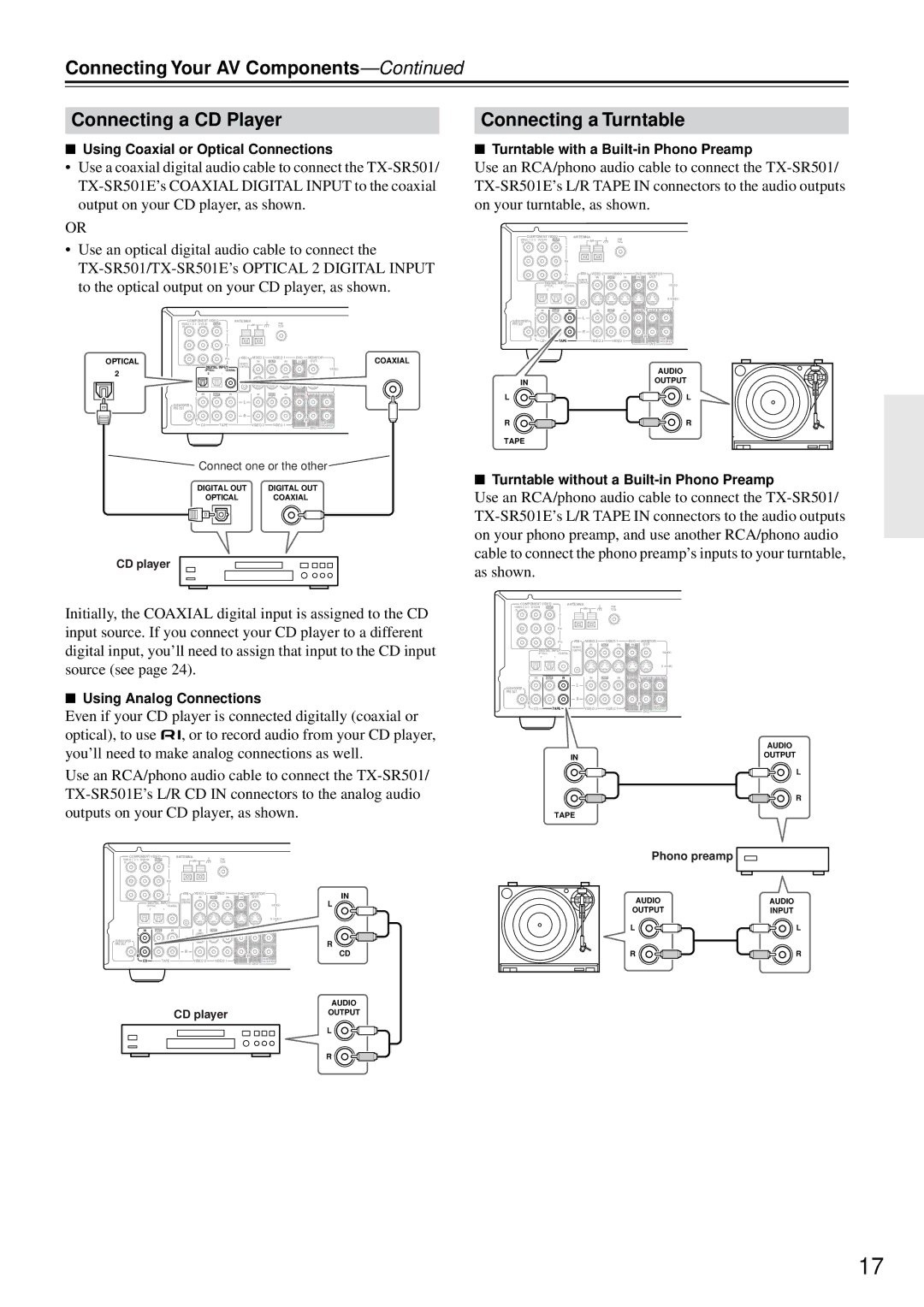 Onkyo TX-SR501E instruction manual Turntable without a Built-in Phono Preamp 