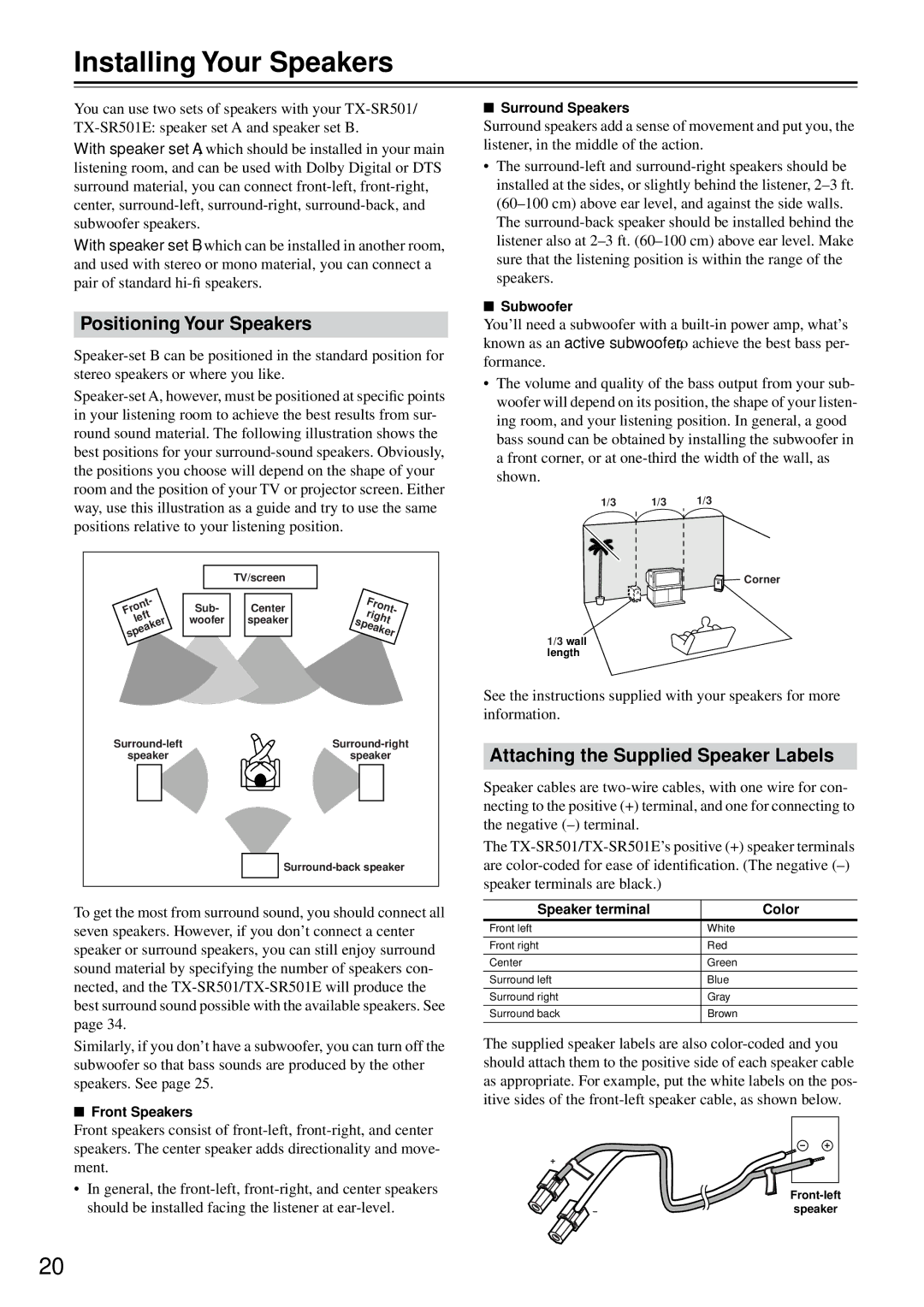 Onkyo TX-SR501E Installing Your Speakers, Positioning Your Speakers, Attaching the Supplied Speaker Labels 