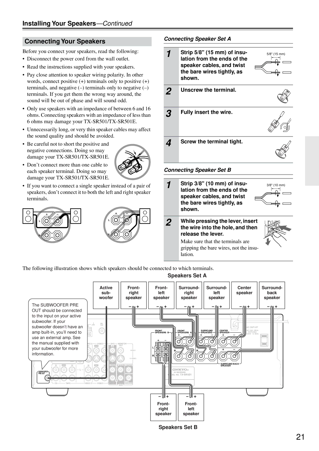 Onkyo TX-SR501E Installing Your Speakers Connecting Your Speakers, Connecting Speaker Set a, Strip 5/8 15 mm of insu 