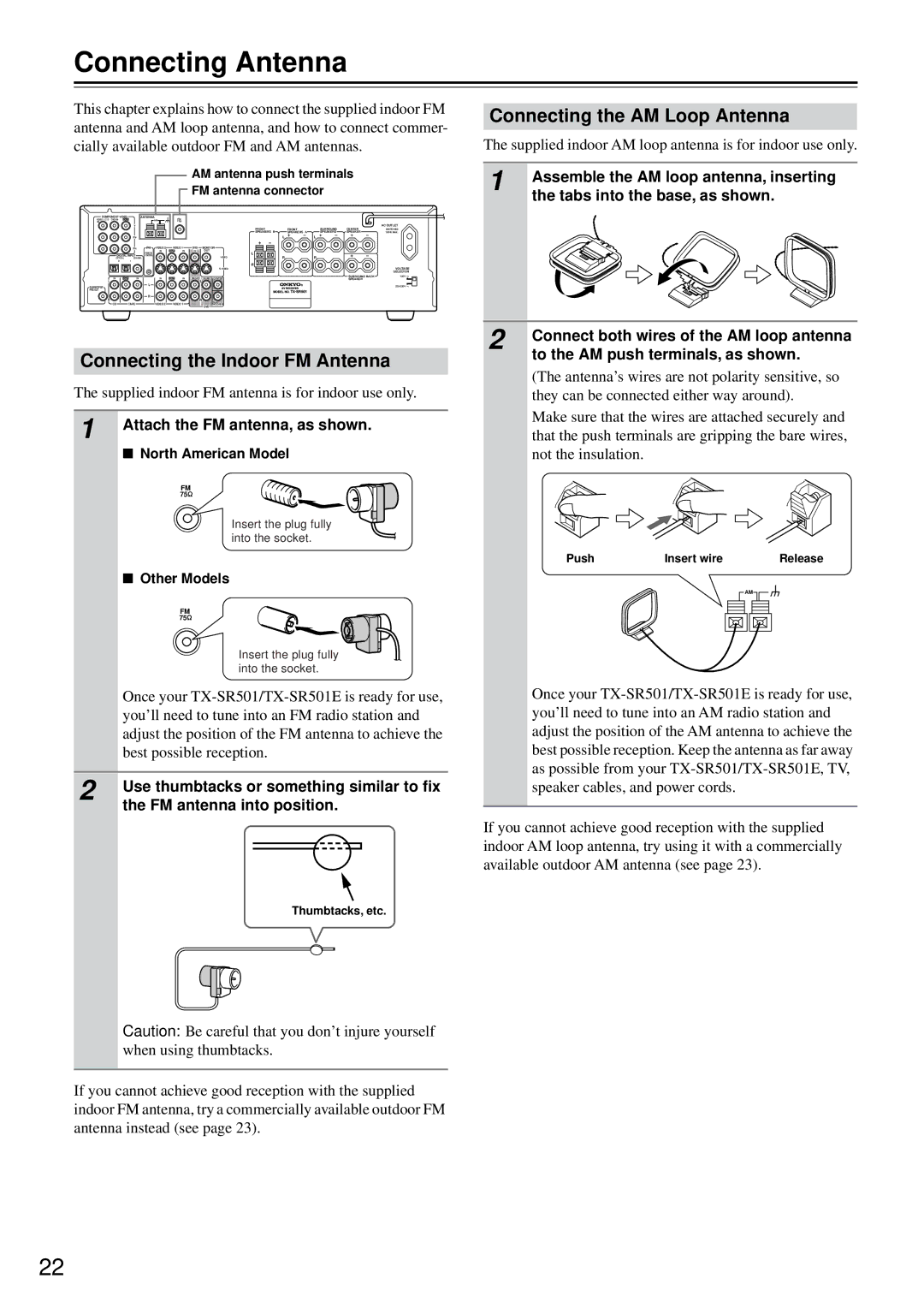 Onkyo TX-SR501E instruction manual Connecting Antenna, Connecting the Indoor FM Antenna, Connecting the AM Loop Antenna 