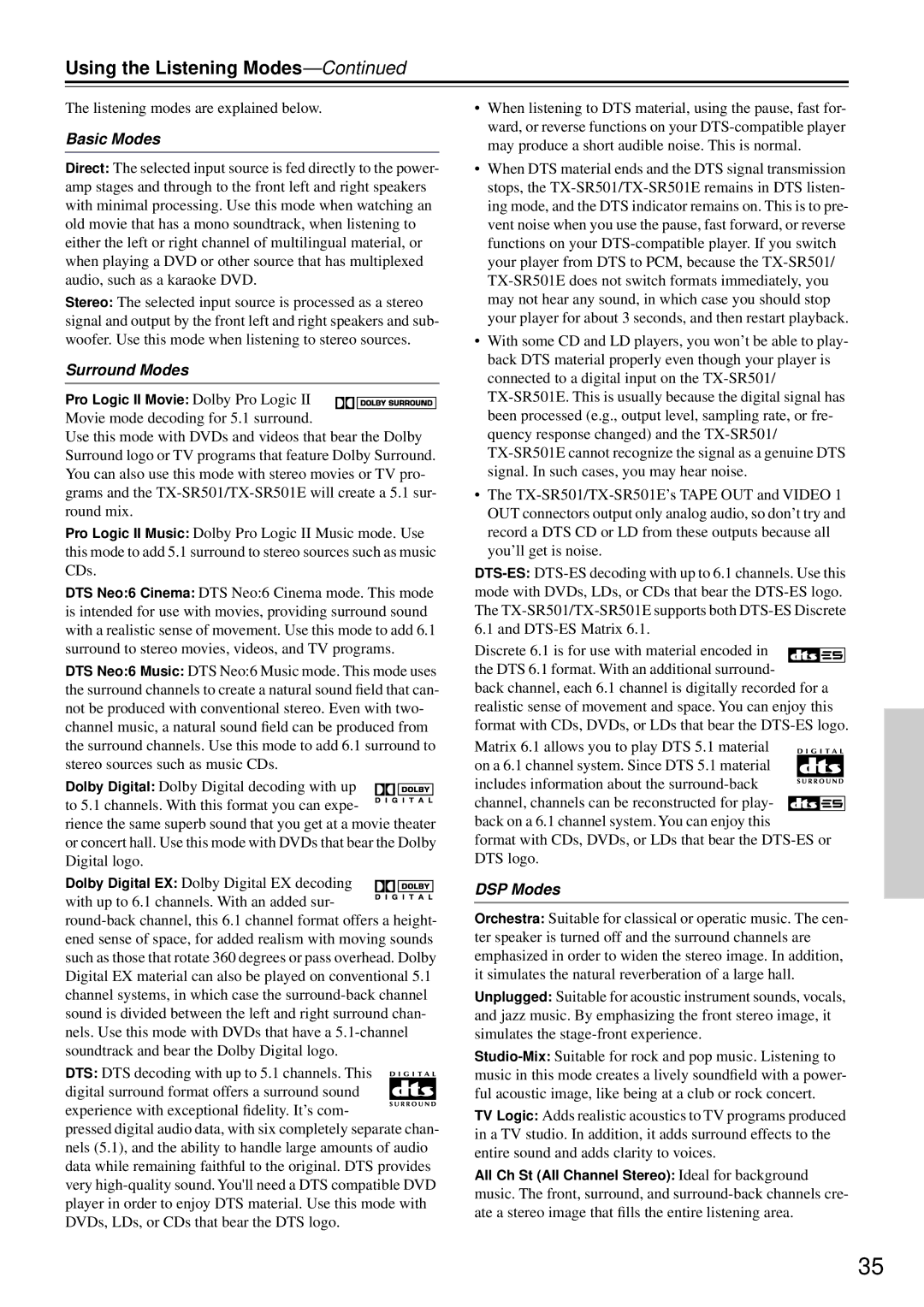 Onkyo TX-SR501E instruction manual Using the Listening Modes, Basic Modes, Surround Modes, DSP Modes 