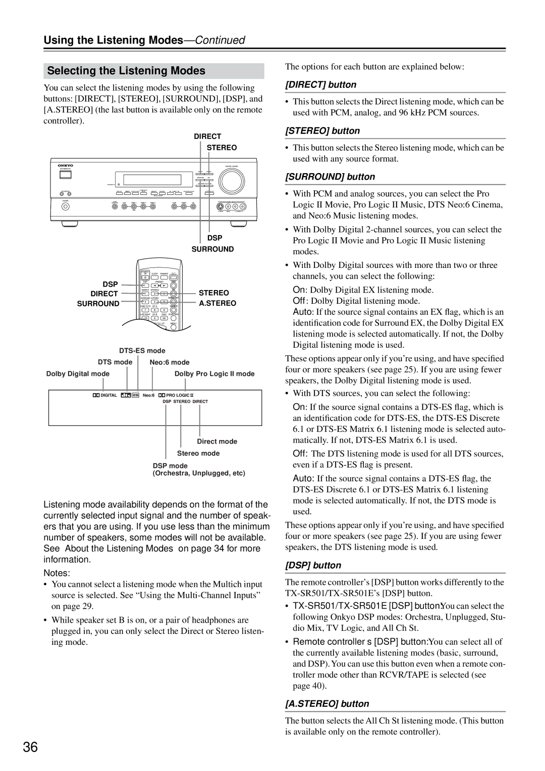 Onkyo TX-SR501E Using the Listening Modes Selecting the Listening Modes, Direct button, Stereo button, Surround button 