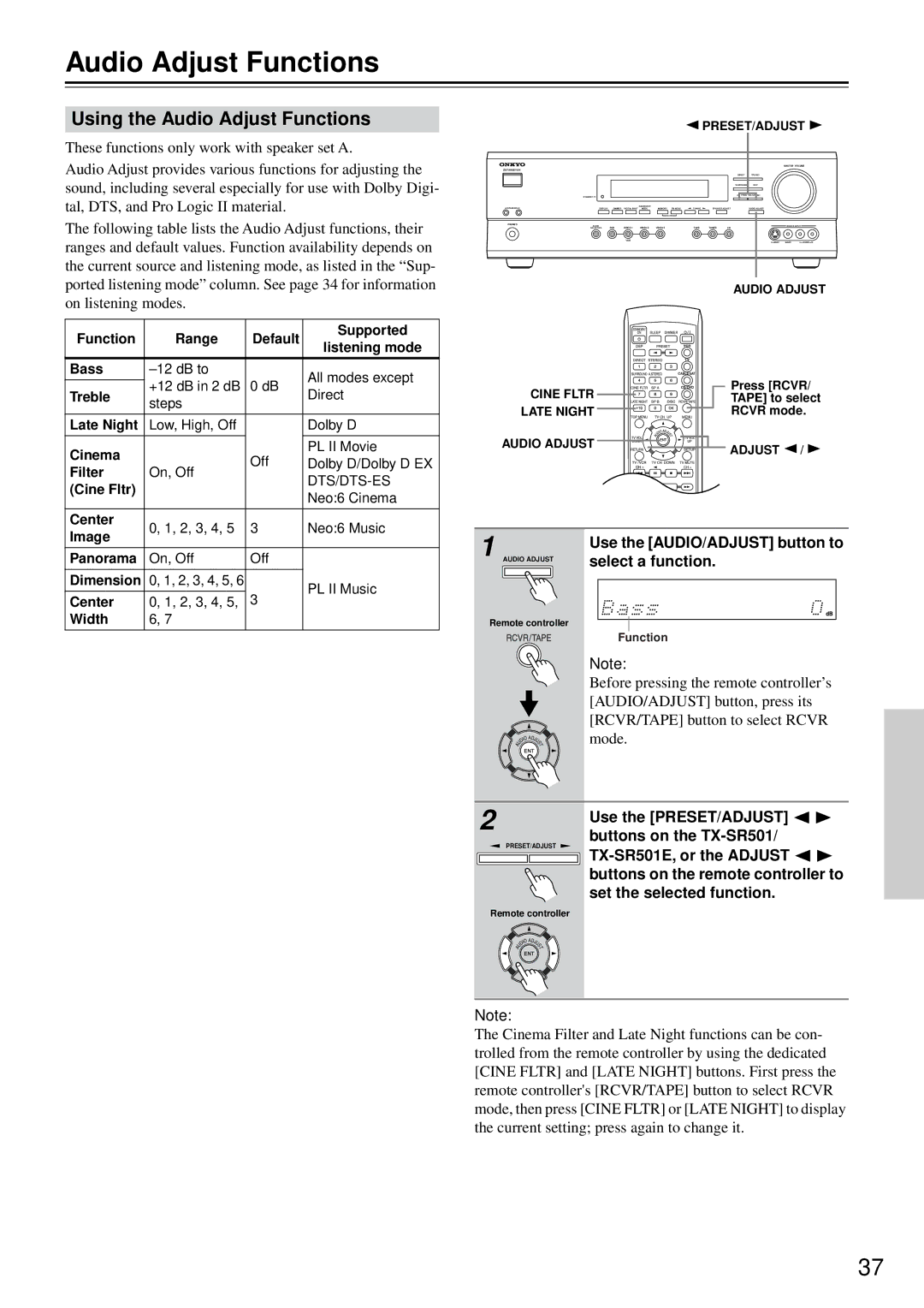 Onkyo TX-SR501E instruction manual Using the Audio Adjust Functions 