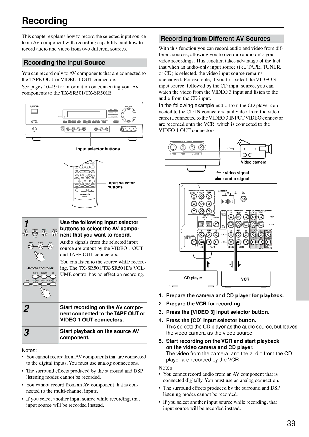 Onkyo TX-SR501E instruction manual Recording the Input Source, Recording from Different AV Sources 