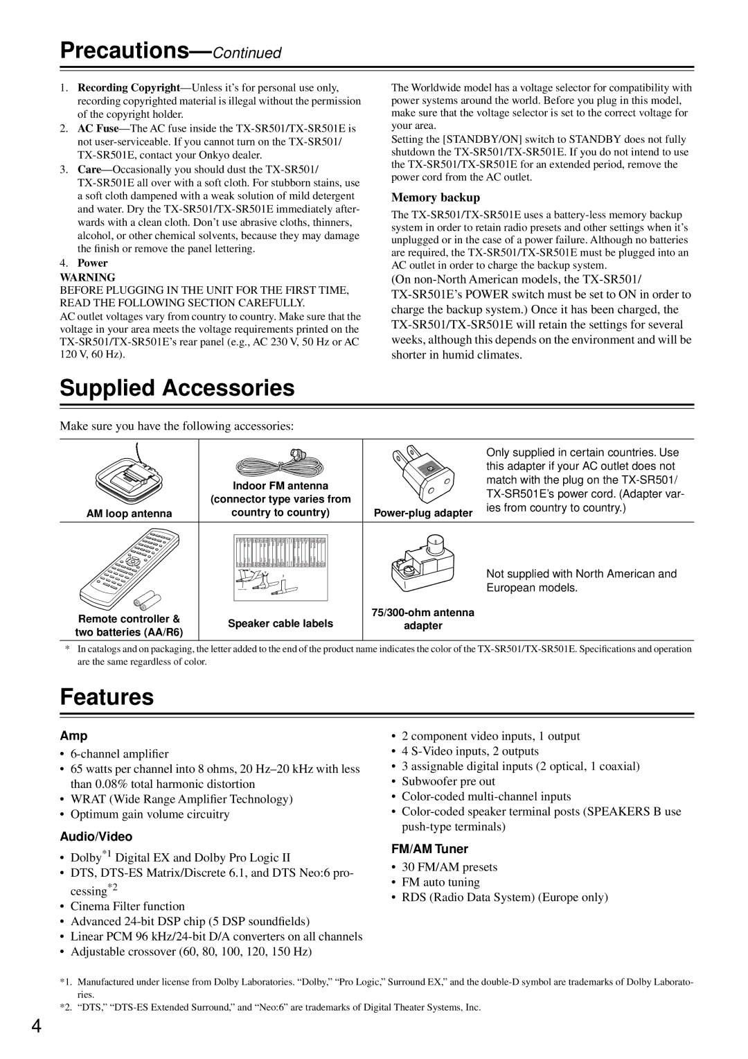 Onkyo TX-SR501E instruction manual Supplied Accessories, Features, Amp, Audio/Video, FM/AM Tuner 