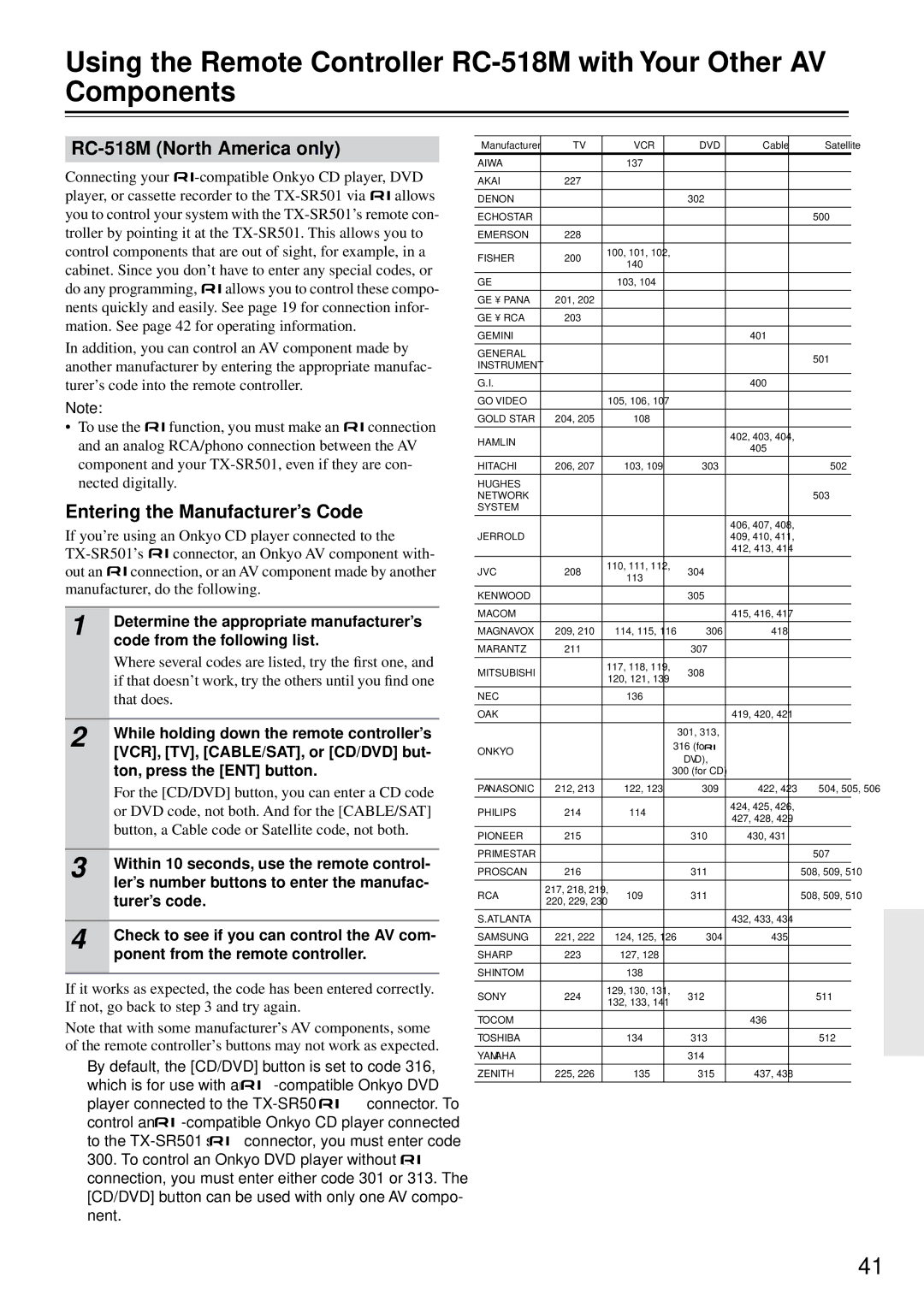 Onkyo TX-SR501E instruction manual RC-518M North America only, Entering the Manufacturer’s Code 