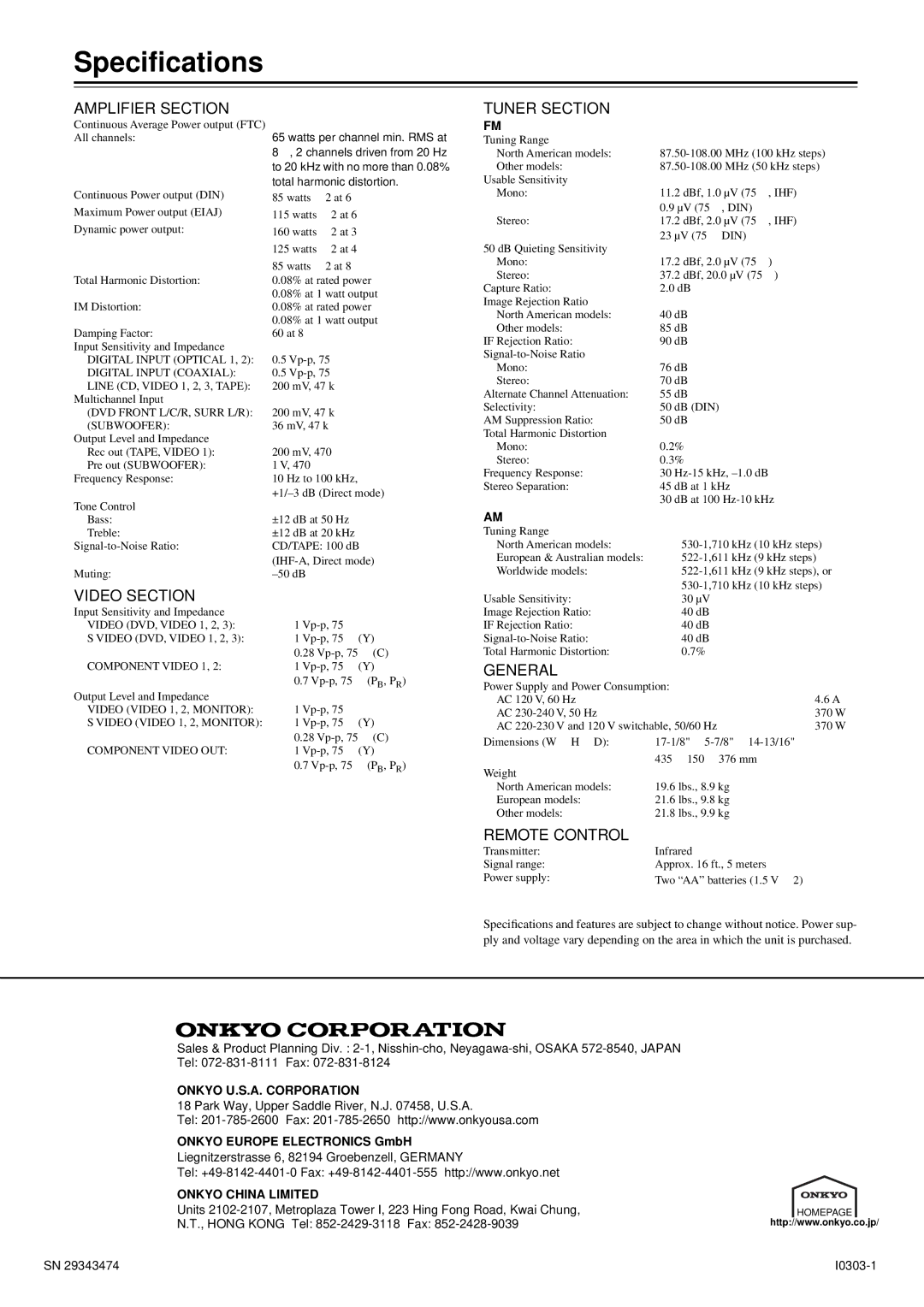 Onkyo TX-SR501E instruction manual Speciﬁcations, Onkyo Europe Electronics GmbH 