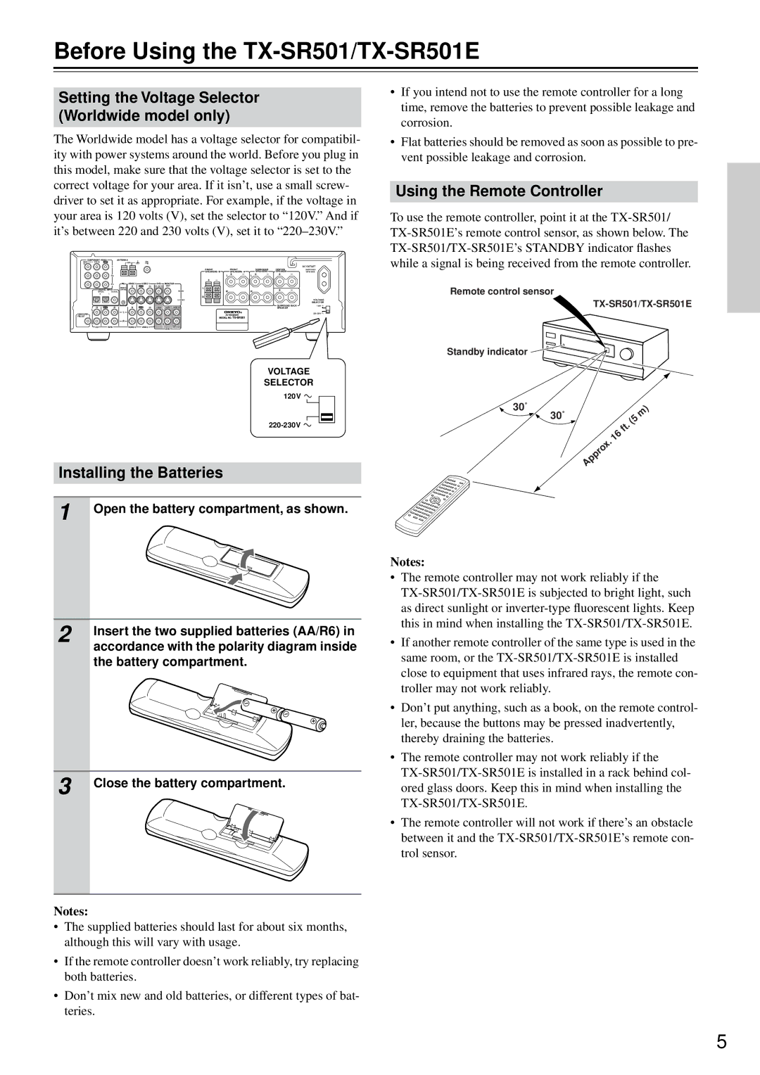 Onkyo Before Using the TX-SR501/TX-SR501E, Setting the Voltage Selector Worldwide model only, Installing the Batteries 