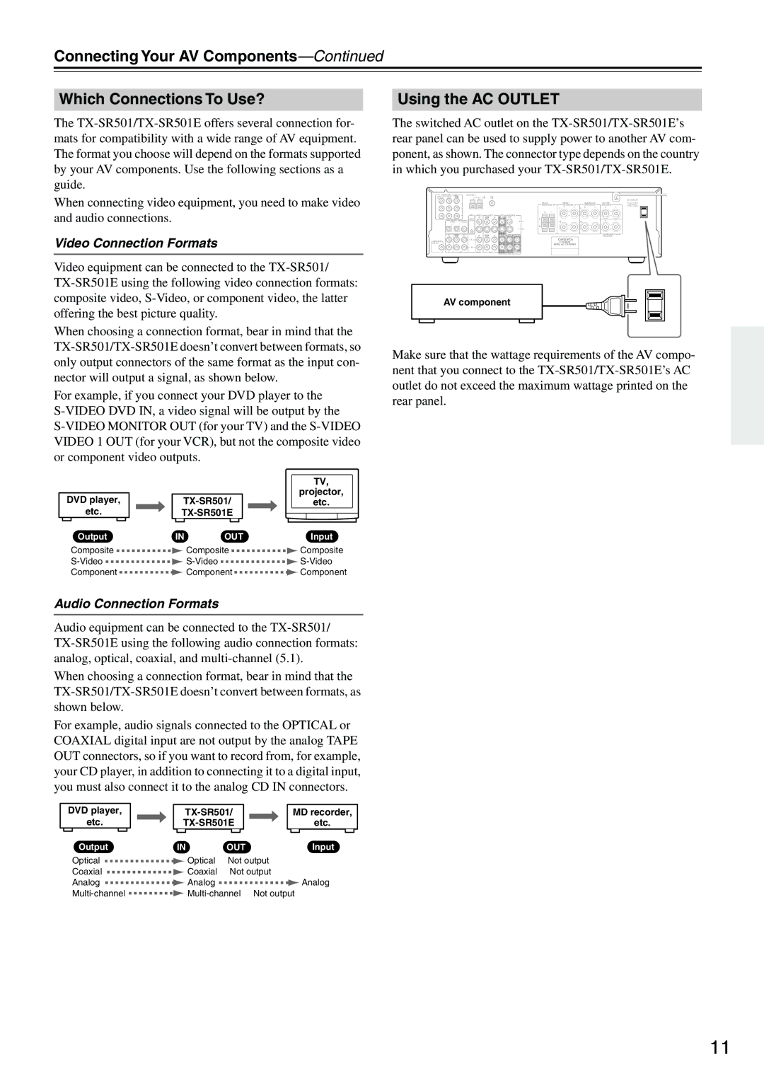 Onkyo TX-SR501E instruction manual Video Connection Formats, Audio Connection Formats 