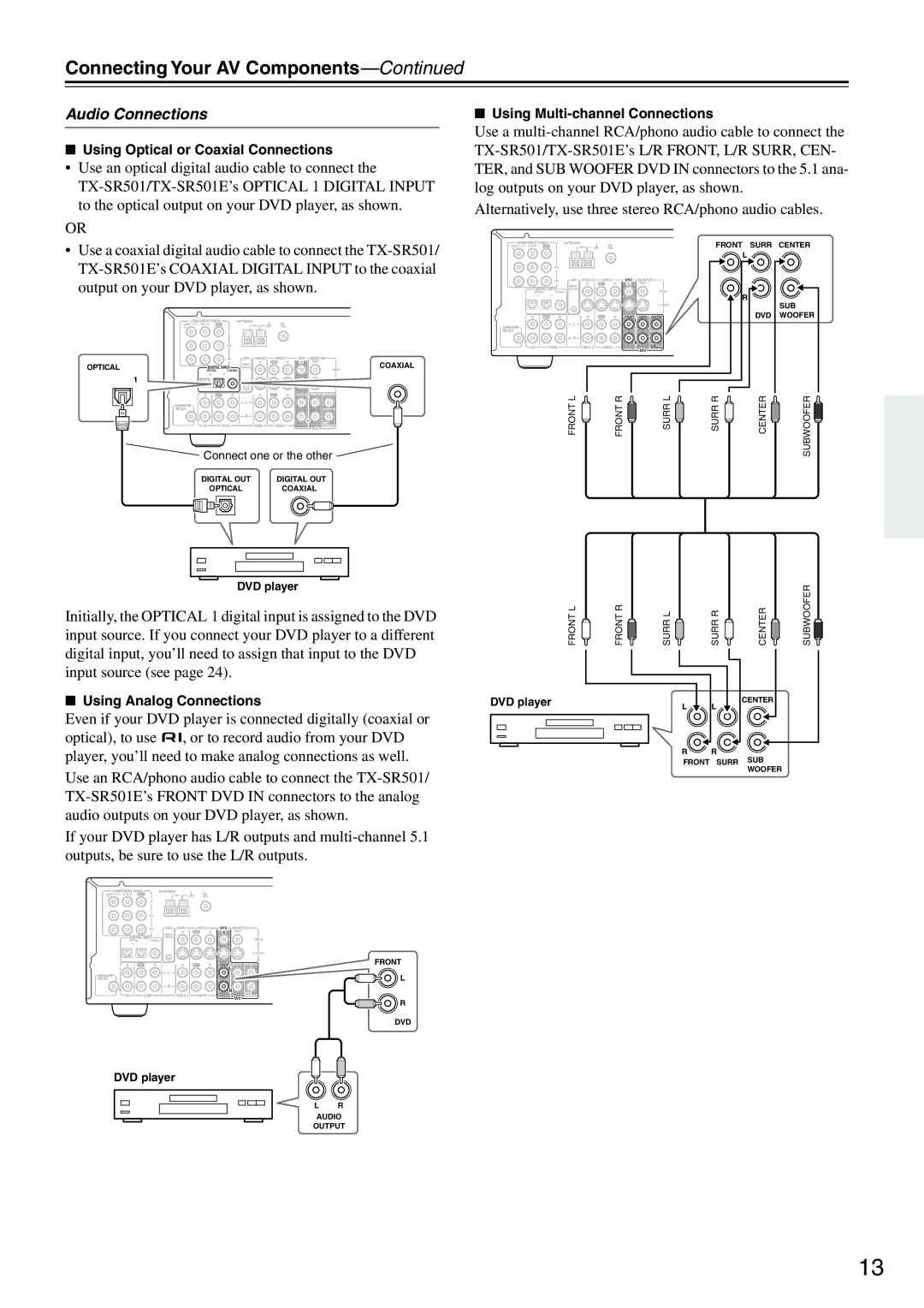 Onkyo TX-SR501E instruction manual Connecting Your AV Components, Audio Connections, Using Optical or Coaxial Connections 