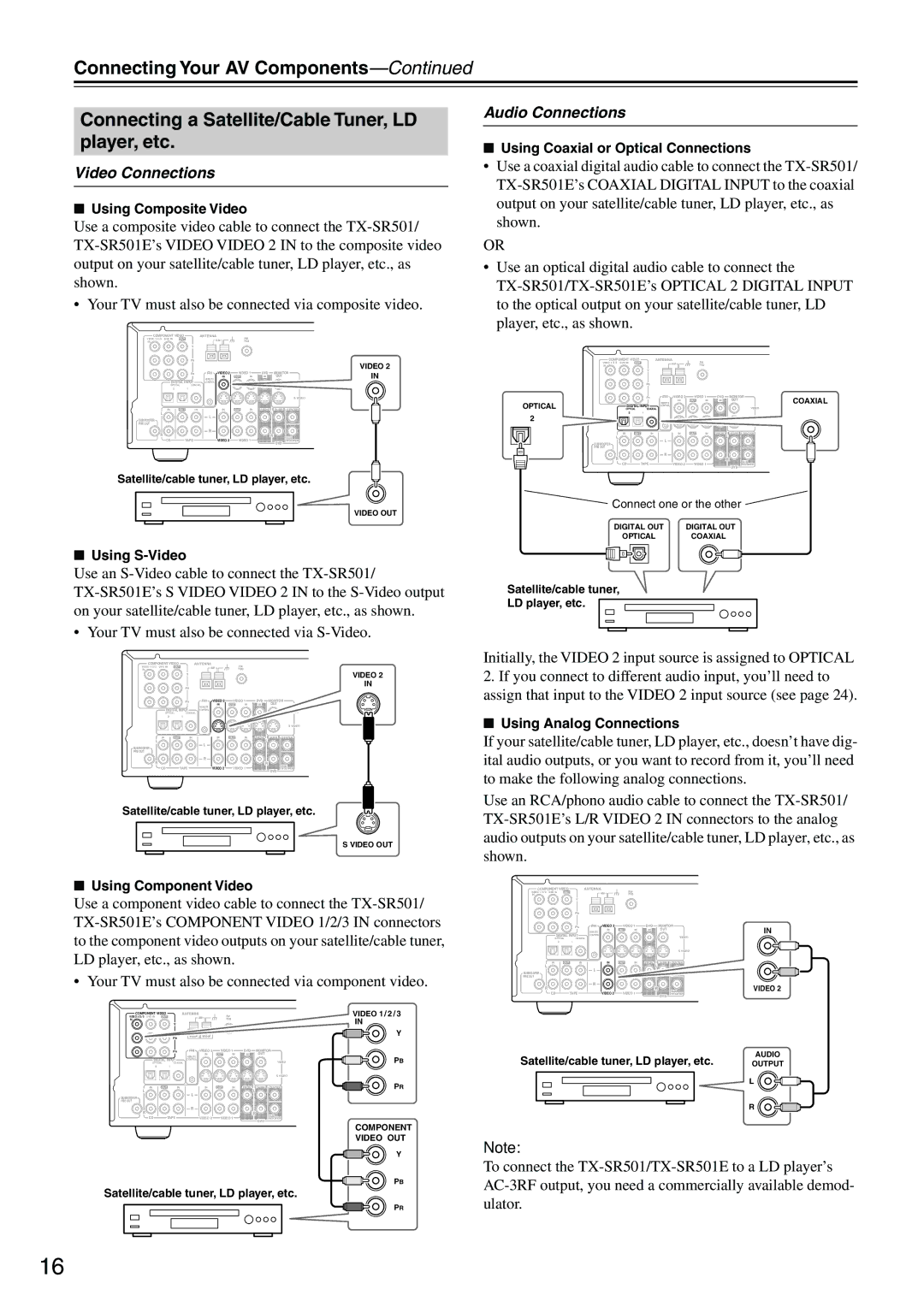 Onkyo TX-SR501E instruction manual Using Coaxial or Optical Connections, Using Component Video 