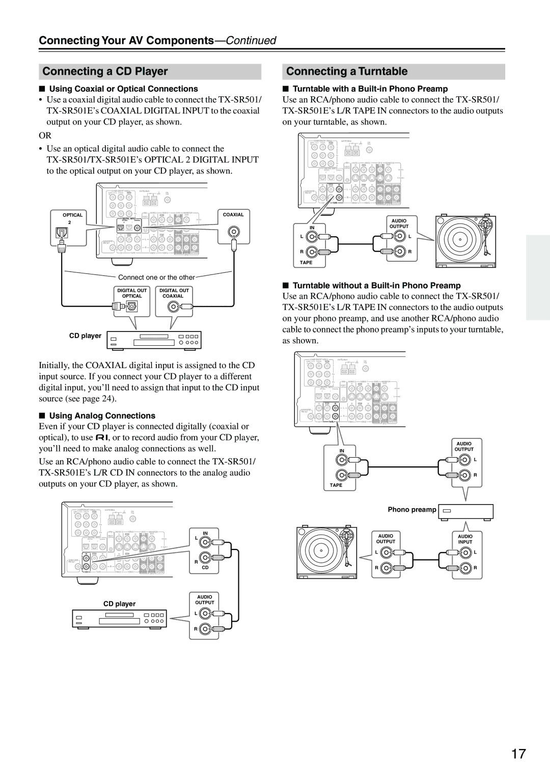 Onkyo TX-SR501E instruction manual Turntable without a Built-in Phono Preamp, Coaxial 