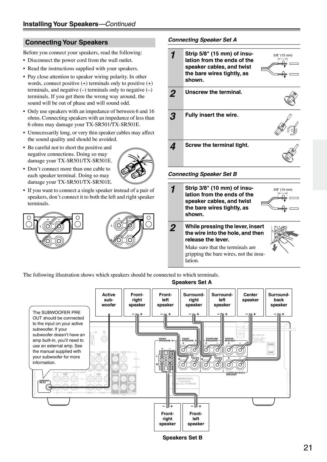 Onkyo TX-SR501E Installing Your Speakers Connecting Your Speakers, Connecting Speaker Set a, Connecting Speaker Set B 