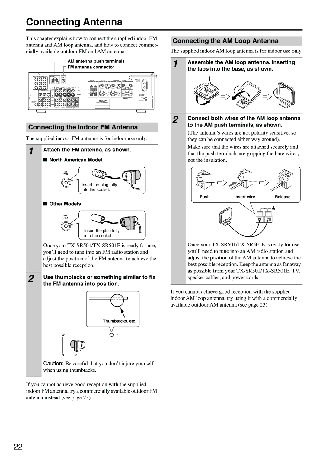 Onkyo TX-SR501E instruction manual Connecting Antenna, Connecting the Indoor FM Antenna, Connecting the AM Loop Antenna 