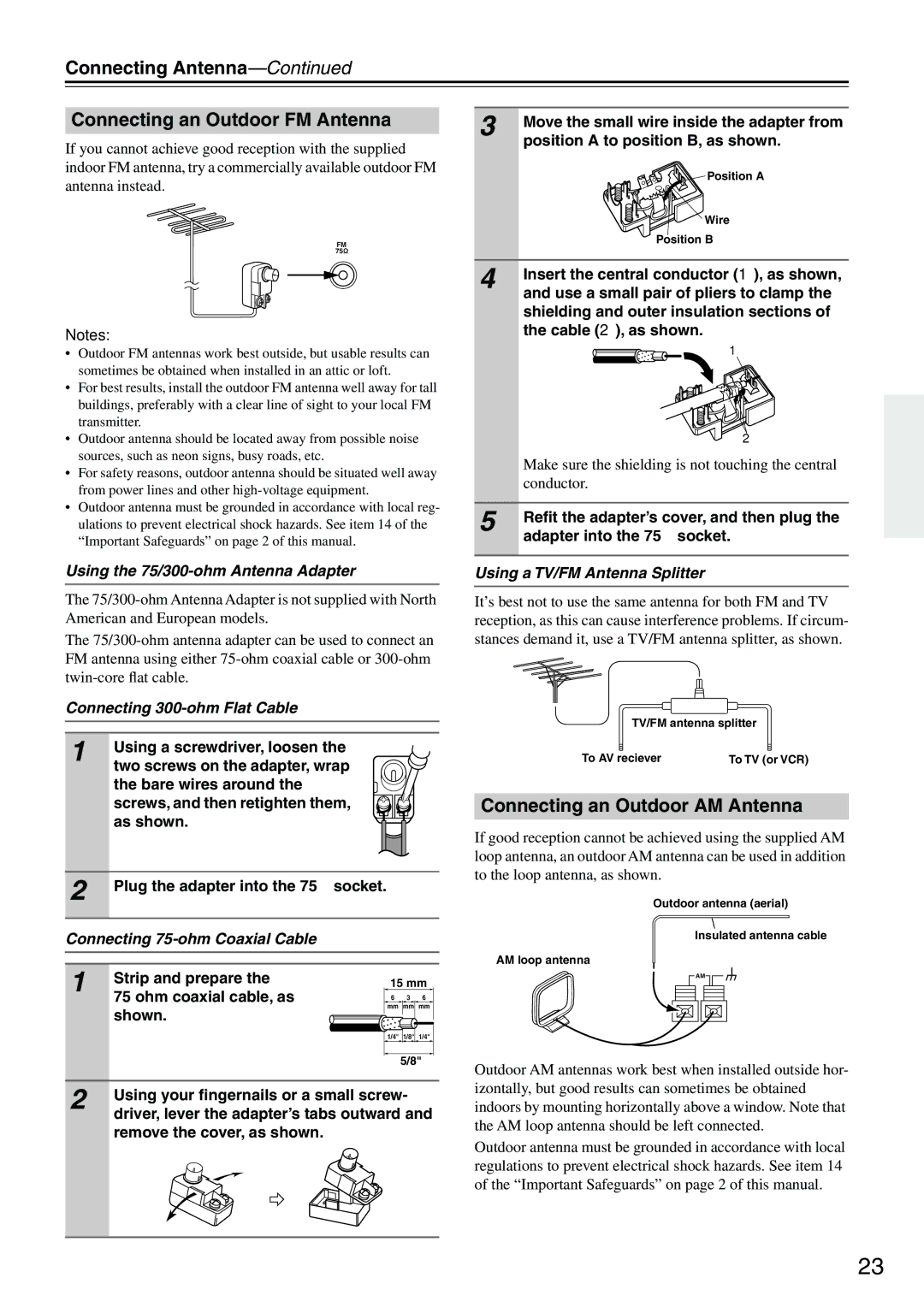 Onkyo TX-SR501E instruction manual Connecting Antenna Connecting an Outdoor FM Antenna, Connecting an Outdoor AM Antenna 