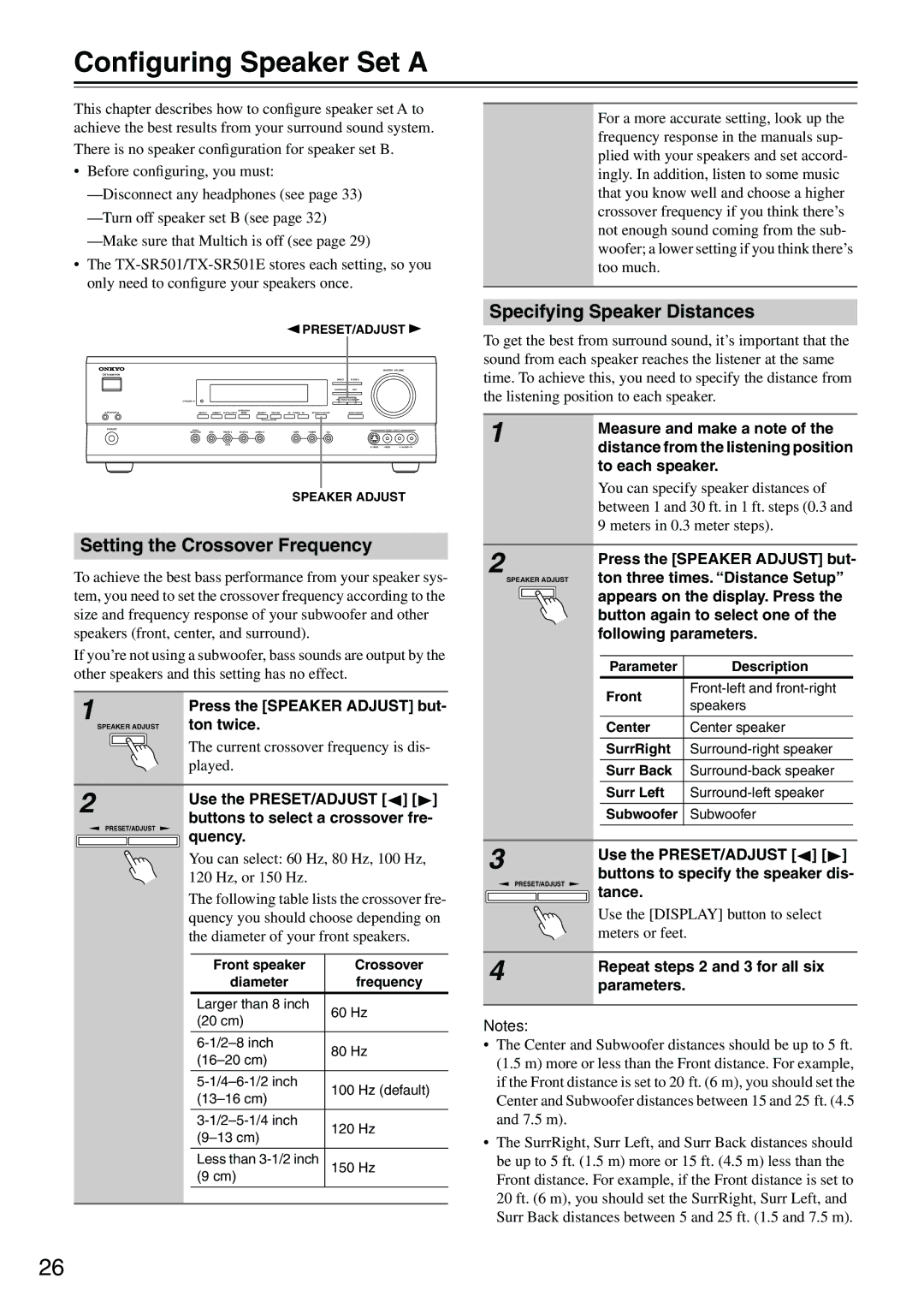 Onkyo TX-SR501E instruction manual Conﬁguring Speaker Set a, Setting the Crossover Frequency, Specifying Speaker Distances 